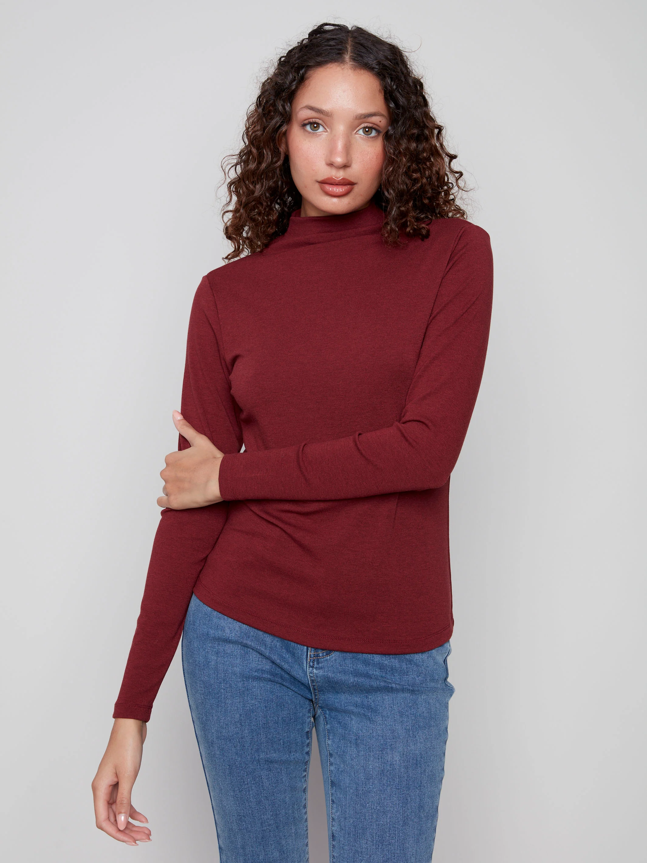 Long Sleeve Mock Neck Top - Cabernet - WHSBYS