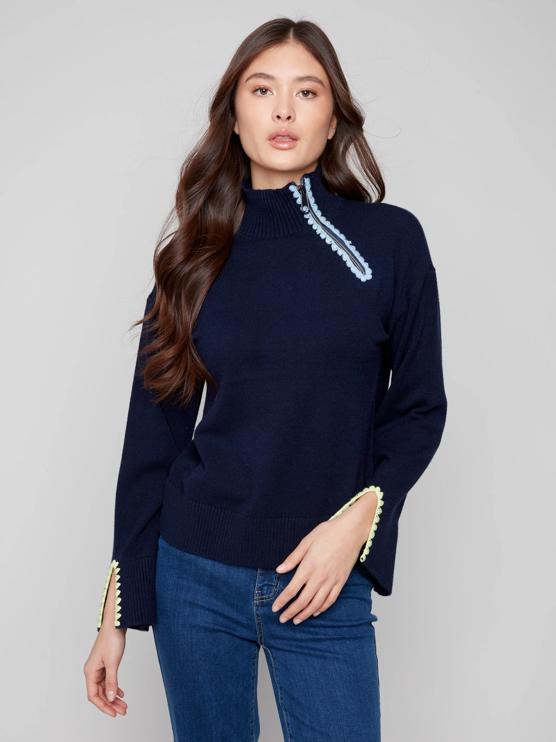 Mock Neck Sweater With Zipper & Crochet Details - Navy - WHSBYS