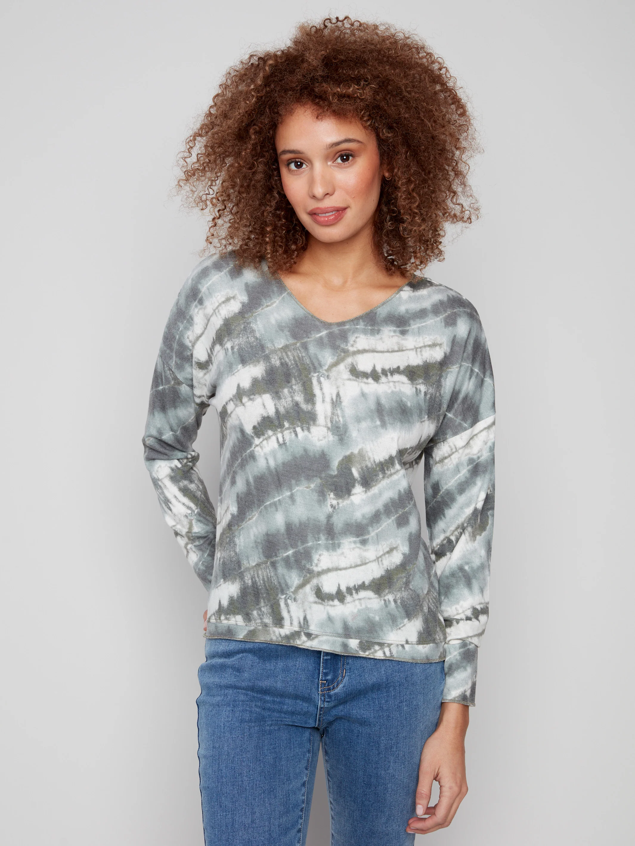 Printed V-neck Knit Top - Dreamy Spruce - WHSBYS