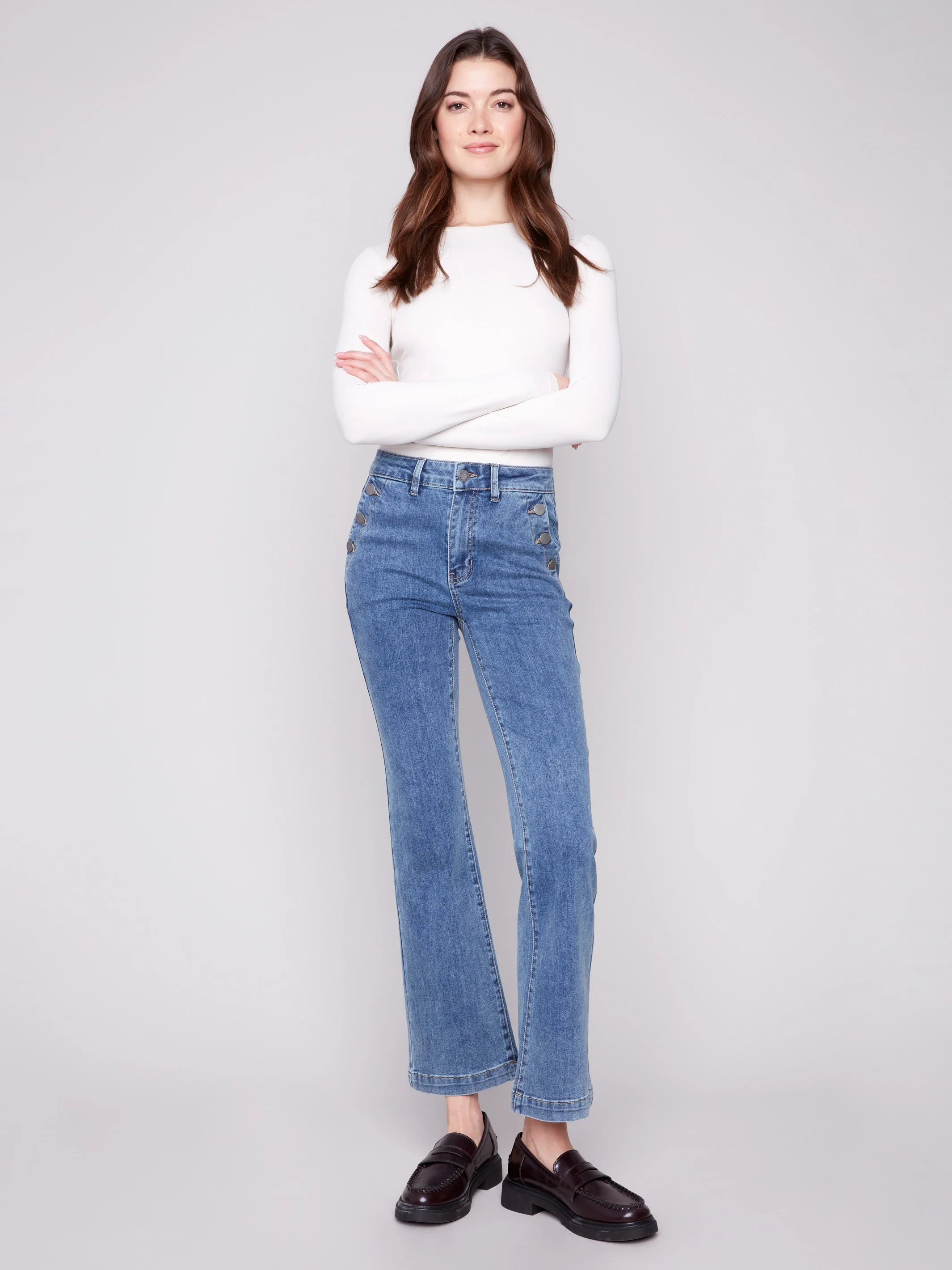 Flare Leg Stretch Jeans With Buttons - Medium Blue - WHSBYS