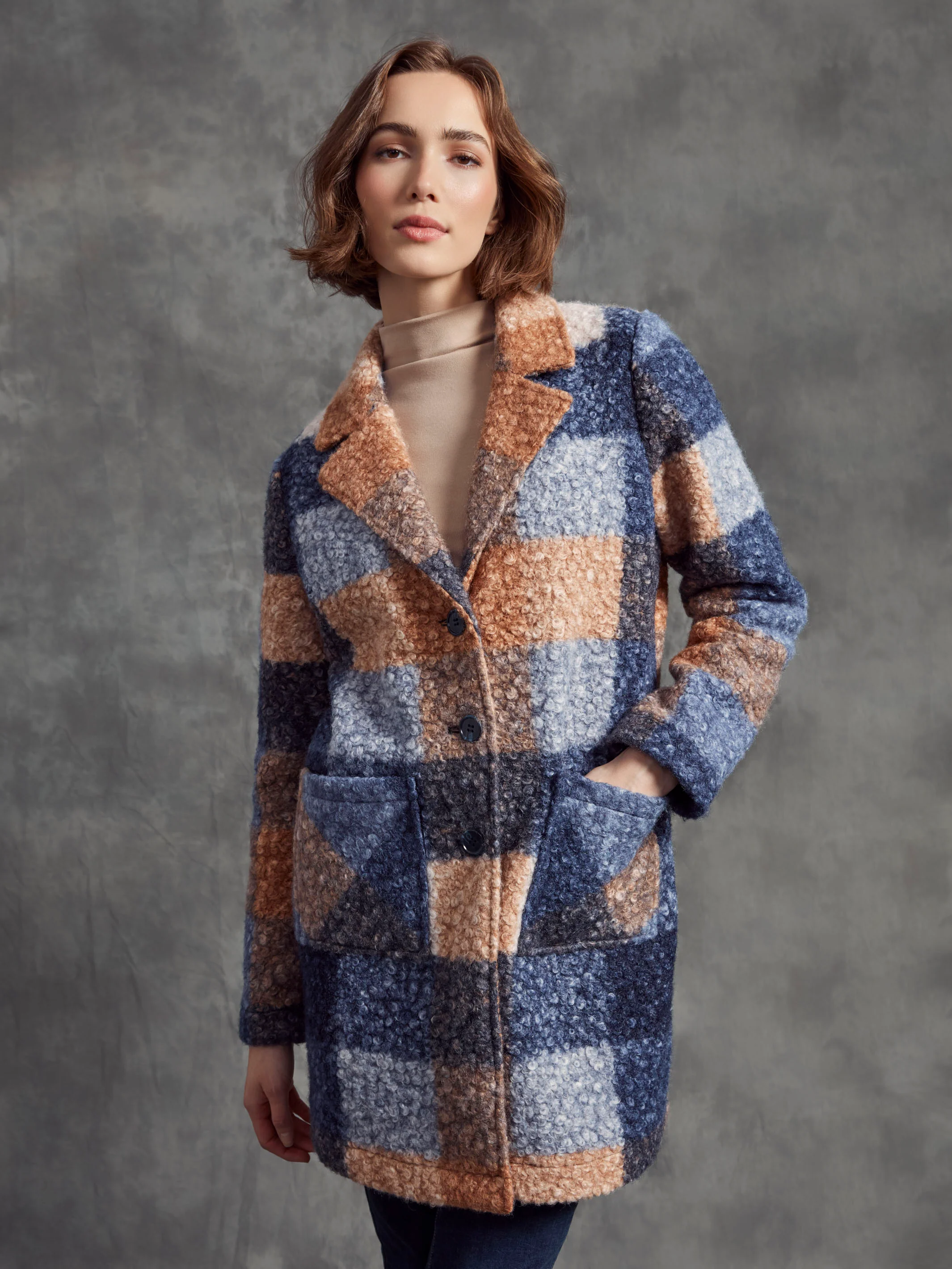 Plaid Bouclé Knit Coat - Moonlight - WHSBYS