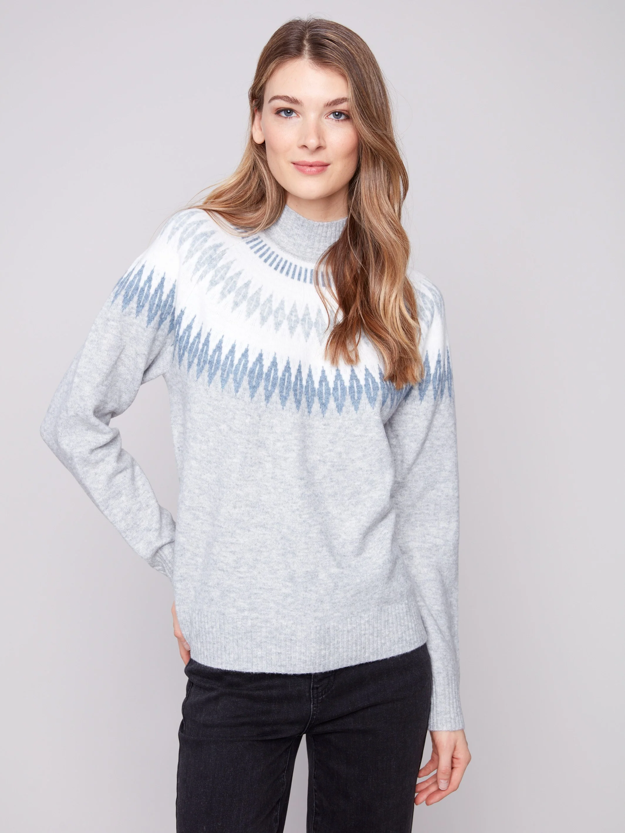 Après-Ski Jacquard Mock Neck Sweater - Heather Light Grey - WHSBYS