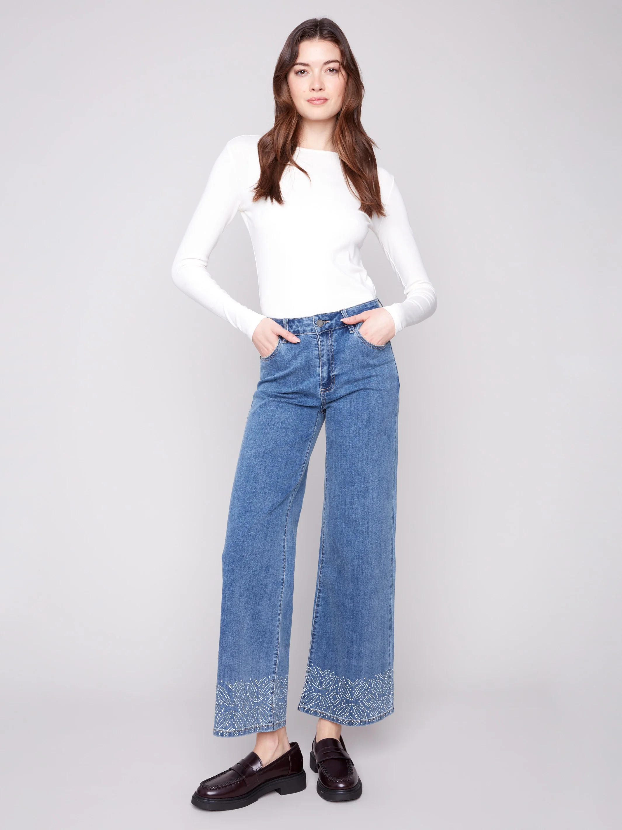 Wide Leg Jeans With Studded Hem - Medium Blue - WHSBYS
