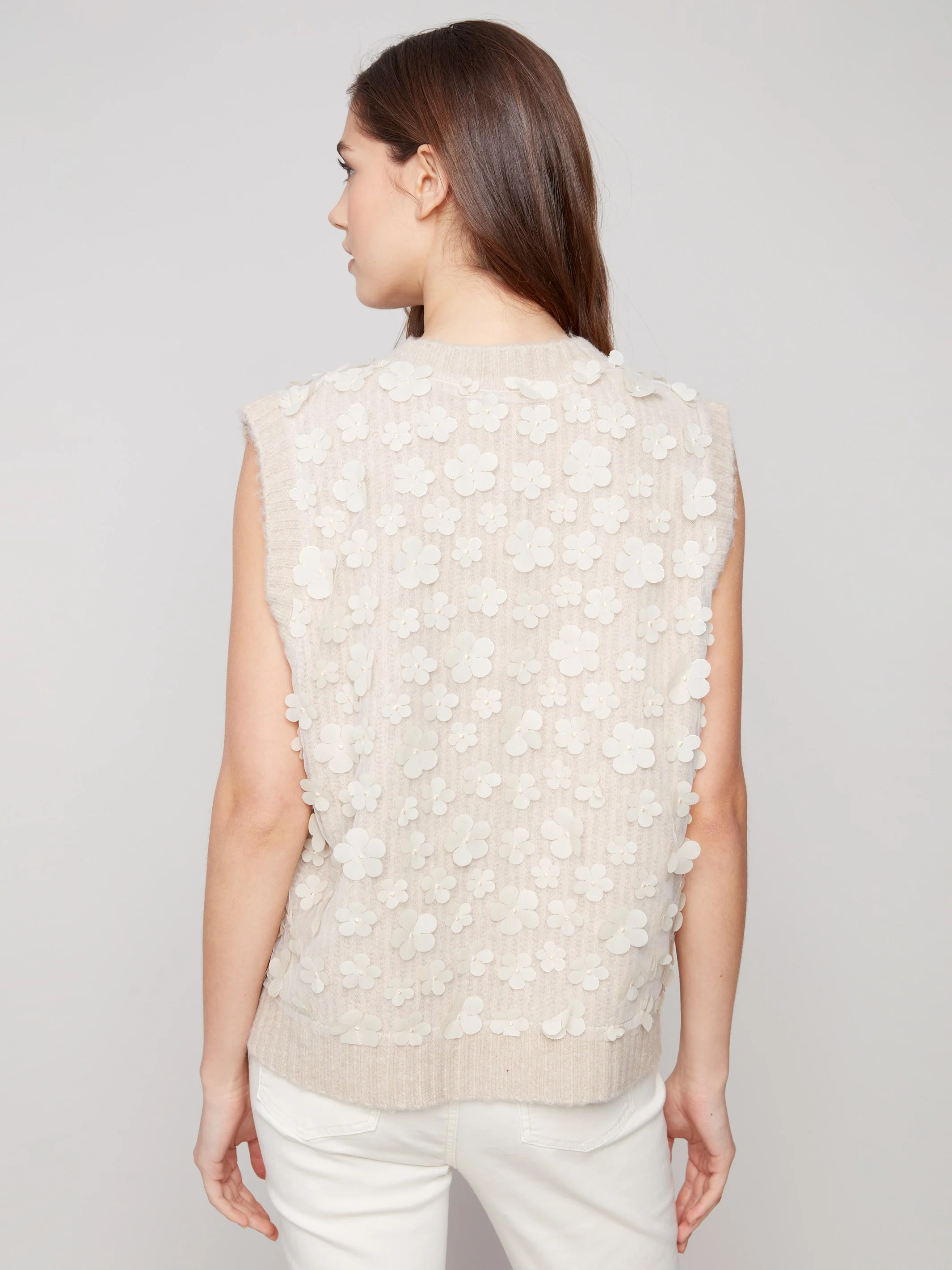 Floral Mesh V-Neck Sweater Vest - Heather Oat - WHSBYS