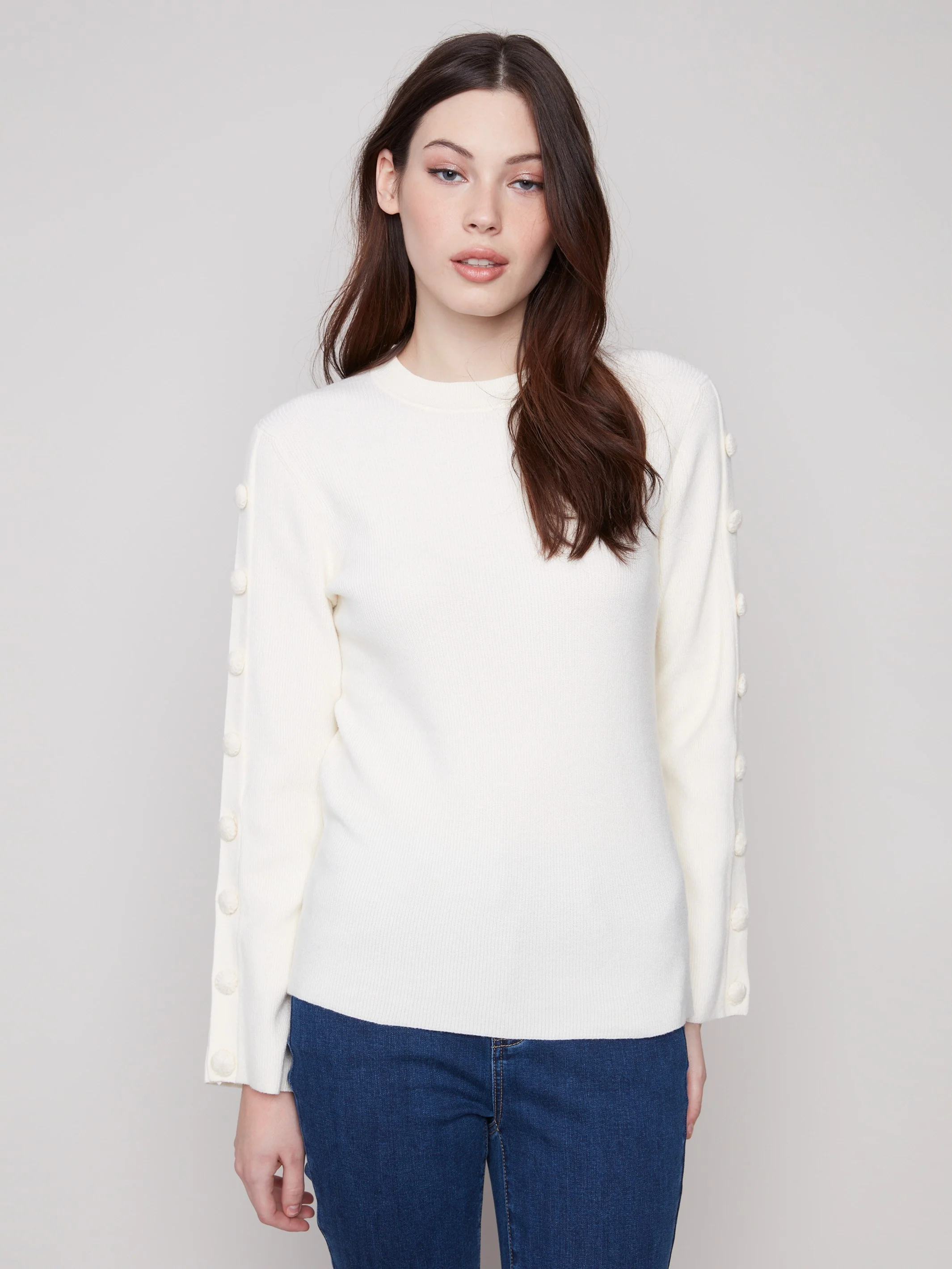 Ribbed Crew Neck Sweater With Buttons Details - Ecru - WHSBYS