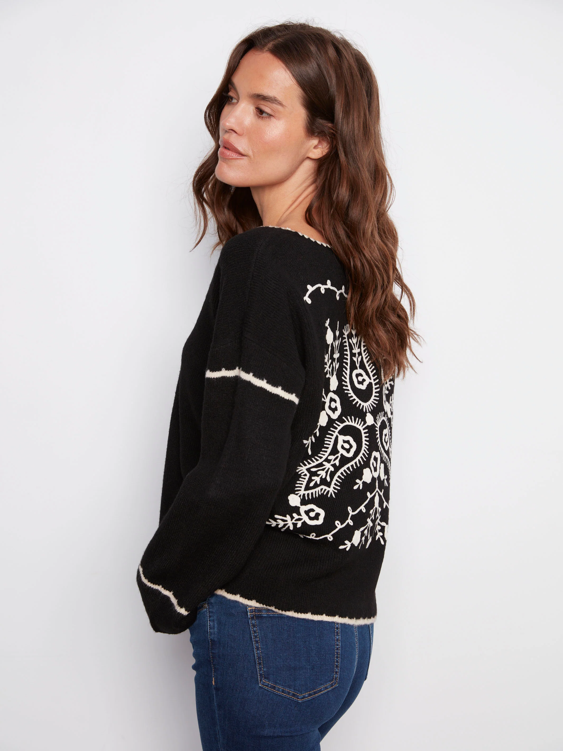 Embroidered Ribbed Sweater with Notch Neck - Black - WHSBYS