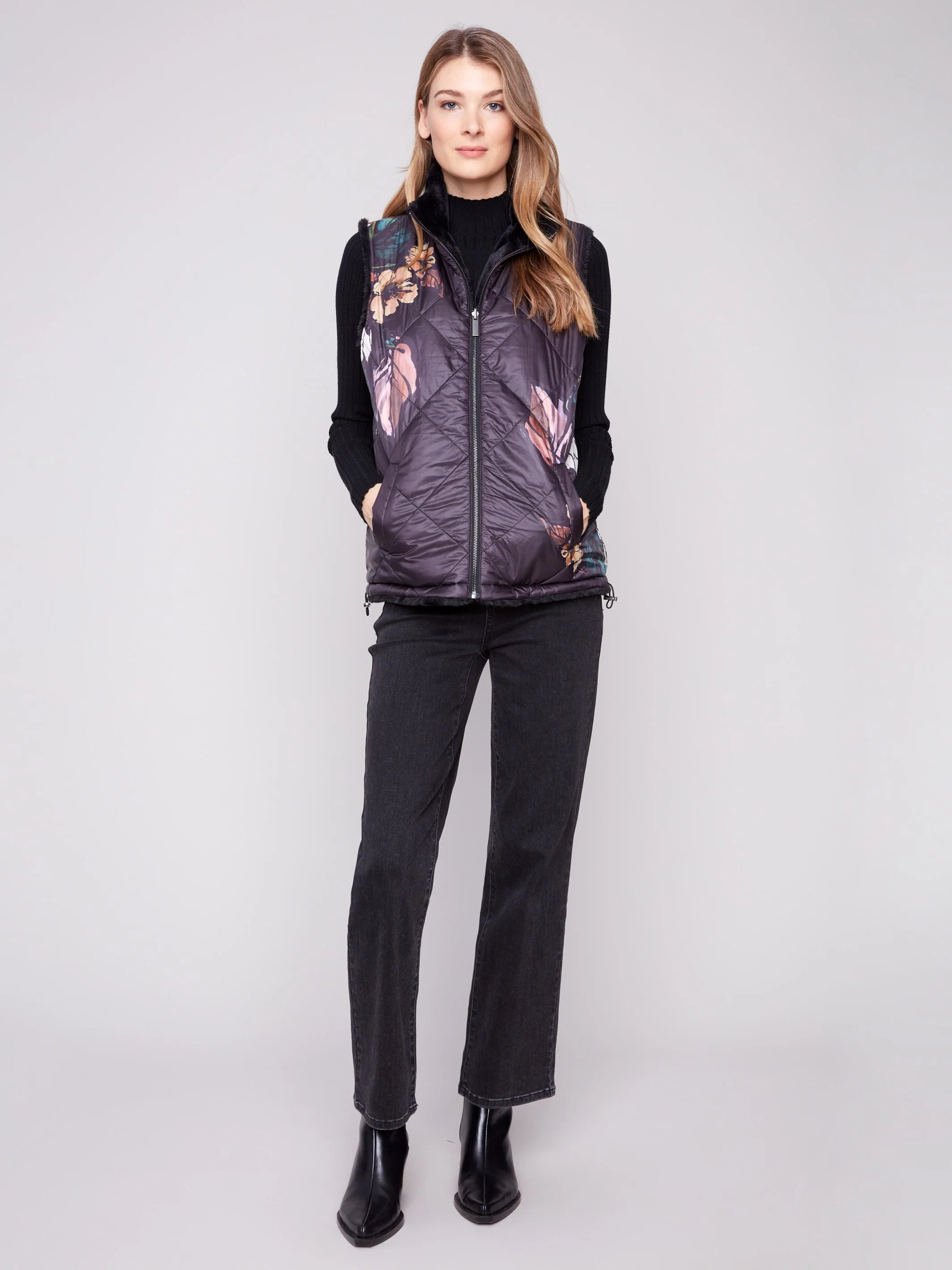Printed Reversible Quilted Faux Fur Vest - Black - WHSBYS