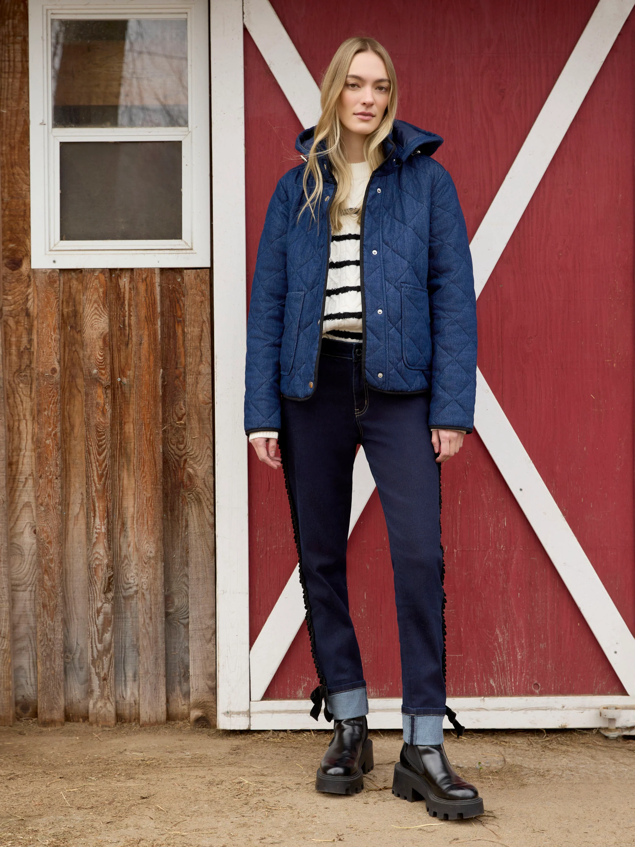 Denim Quilted Puffer Jacket With Removable Hood - Classic Blue - WHSBYS