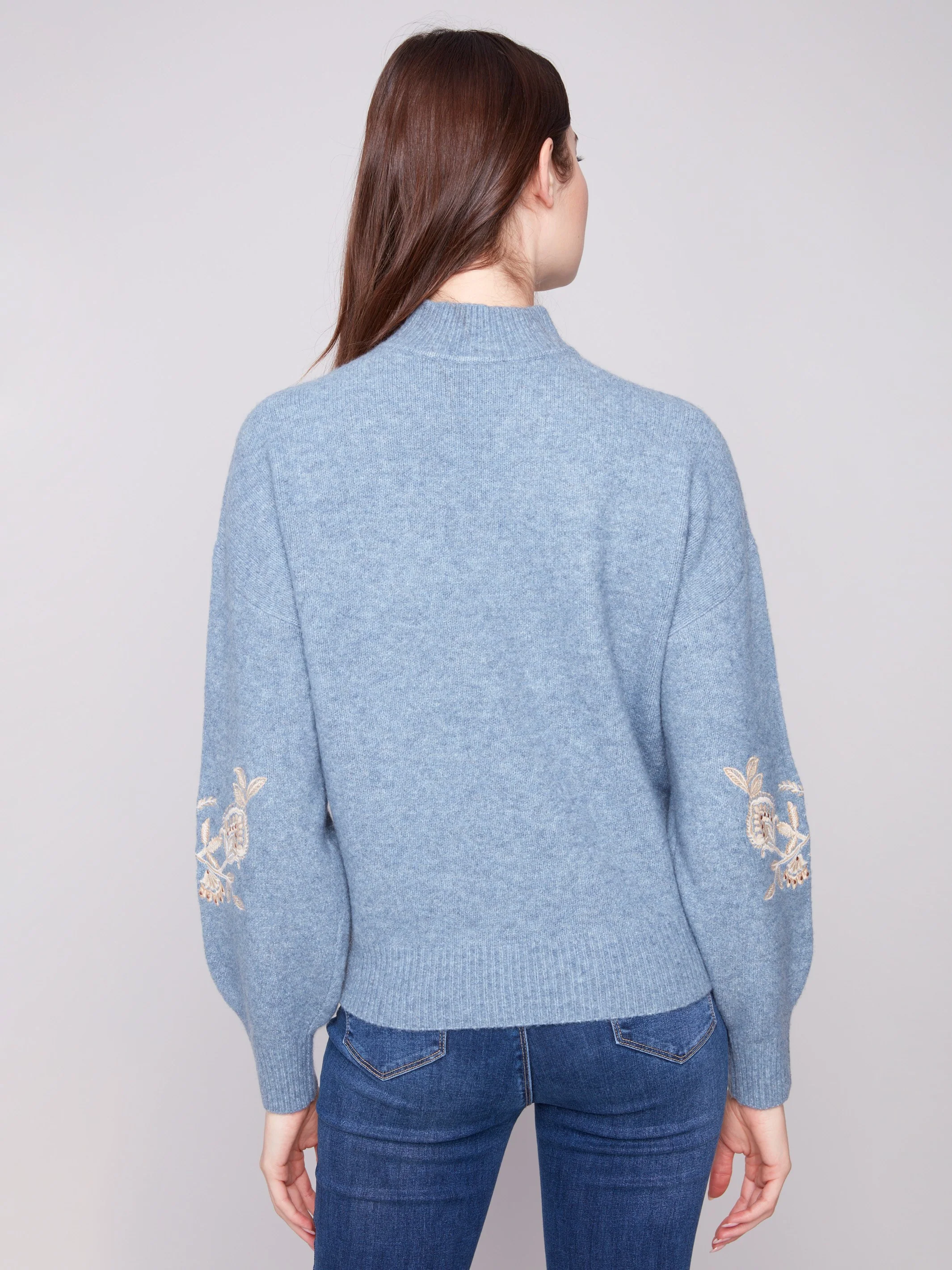 Mock Neck Sweater with Sequin Detail - Heather Denim - WHSBYS