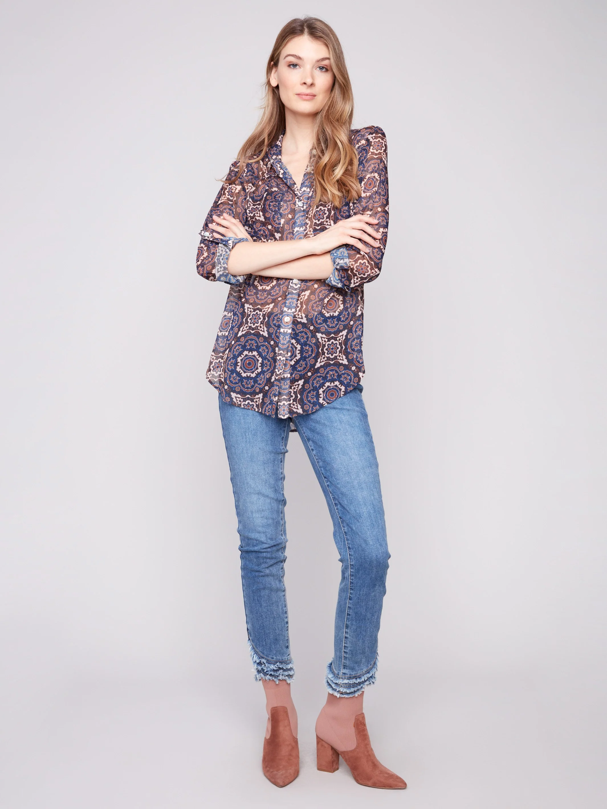 Printed Button-Up Blouse - Medallion - WHSBYS