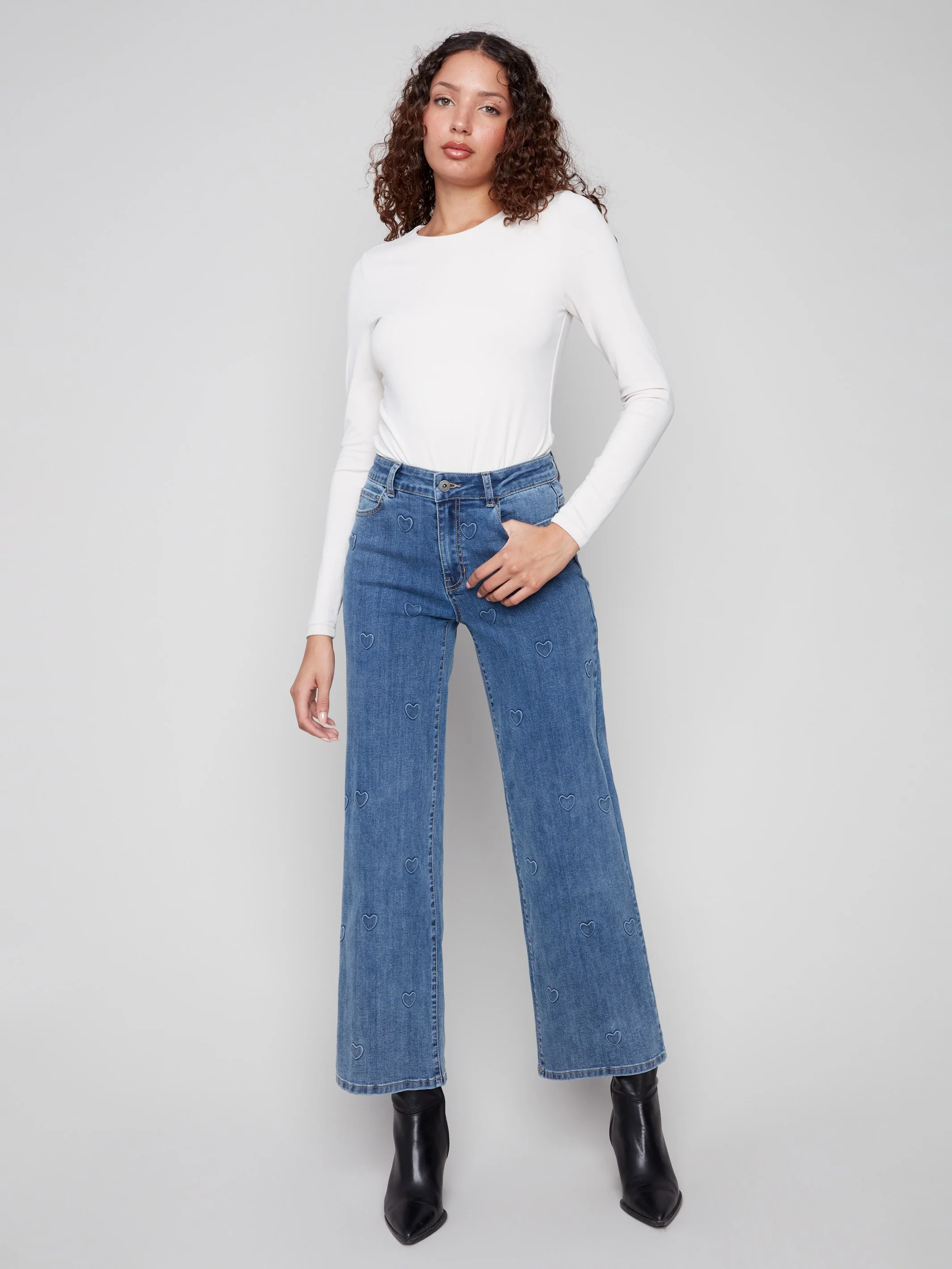Wide Leg Jeans With All-Over Hearts - Denim Hearts - WHSBYS