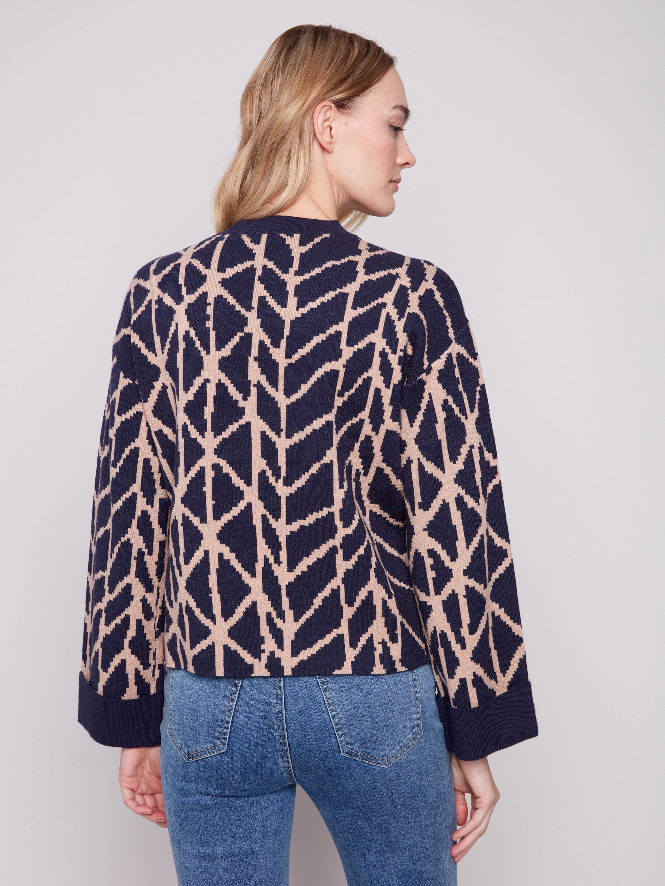 Jacquard Sweater With Folded Cuffs - Navy - WHSBYS
