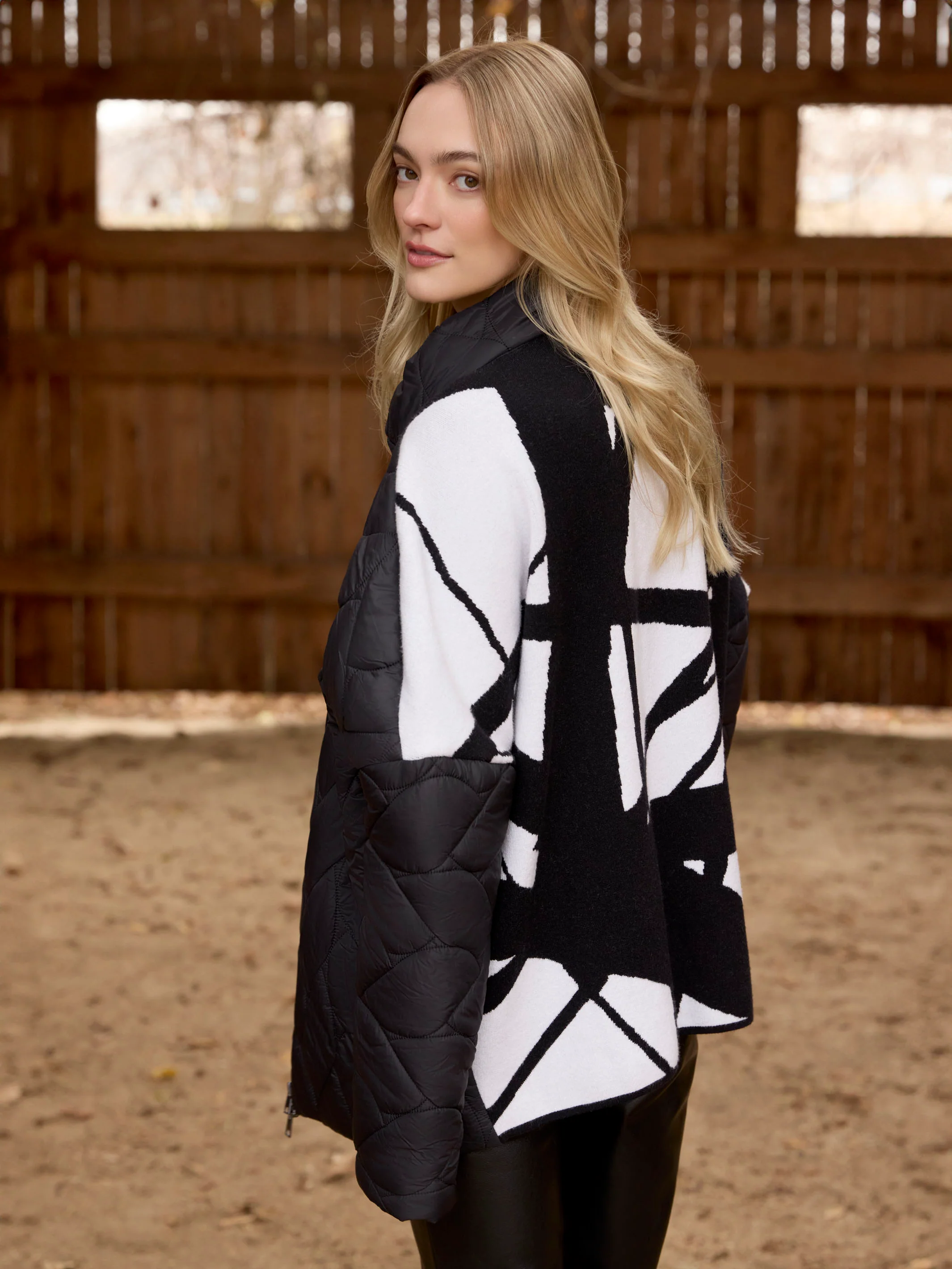 Jacquard Quilted Puffer Jacket - Black/Cream - WHSBYS