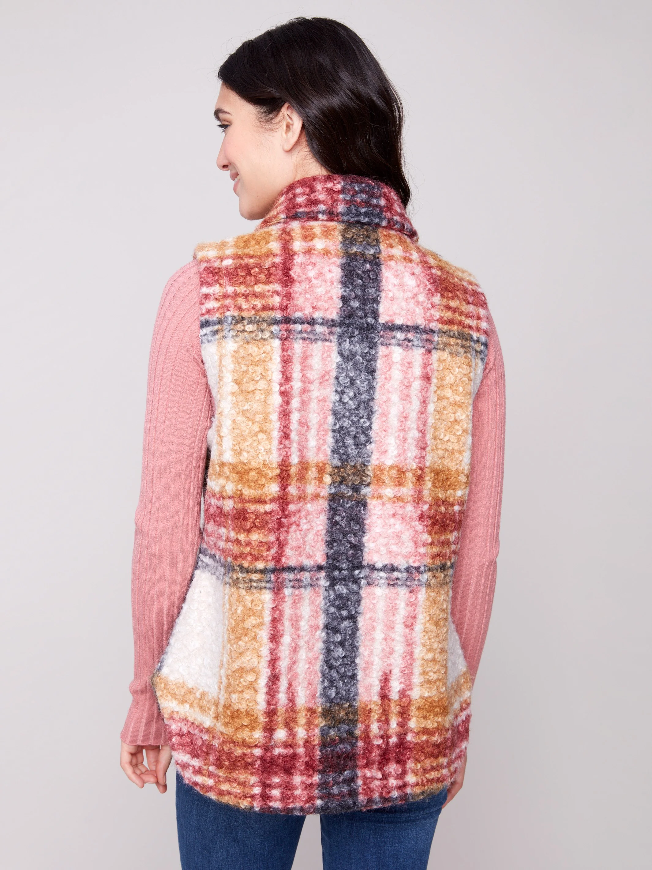 Plaid Bouclé Knit Vest - Cabernet - WHSBYS