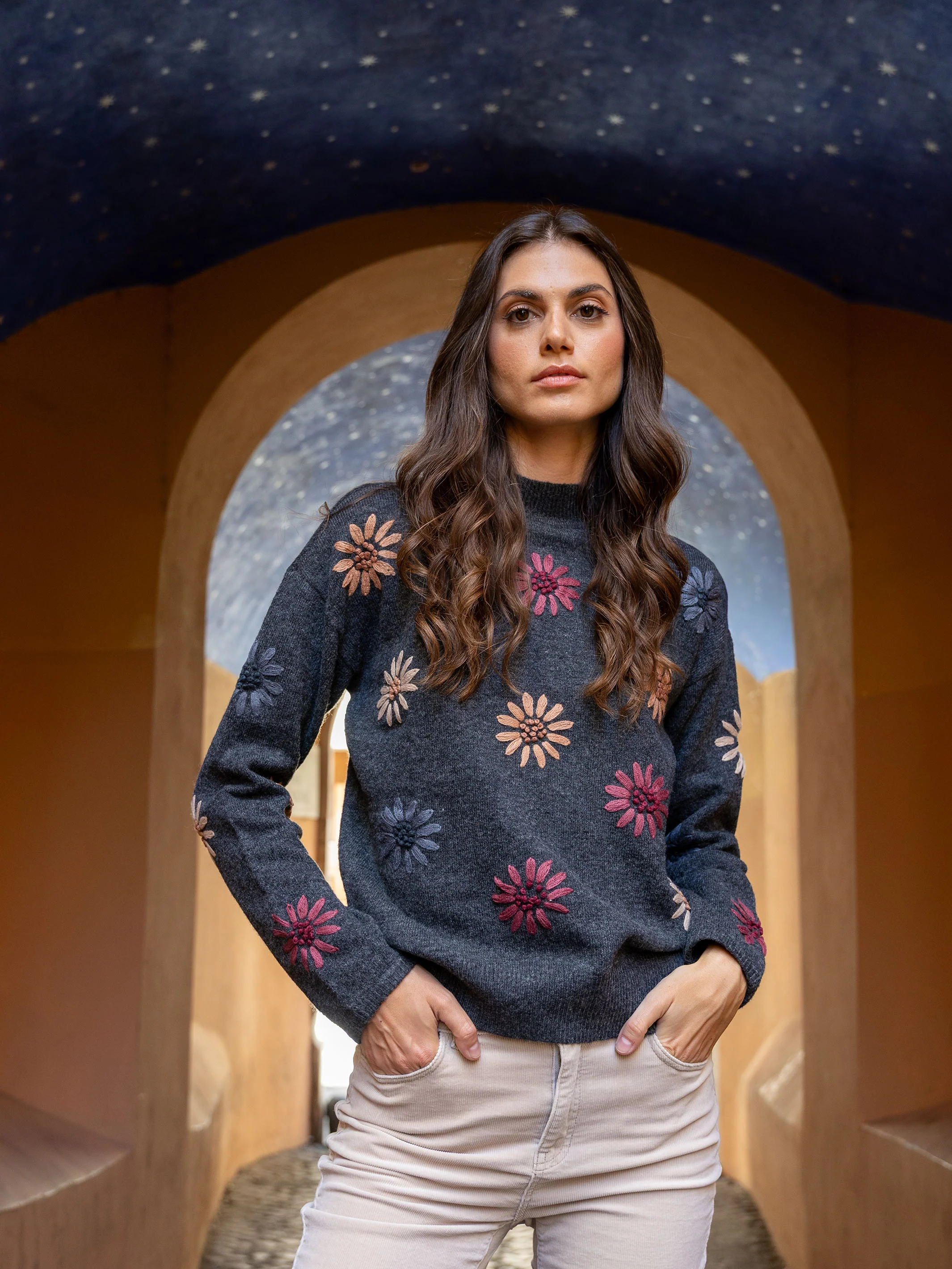 Mock Neck Sweater With Floral Embroidery - Heather Charcoal - WHSBYS