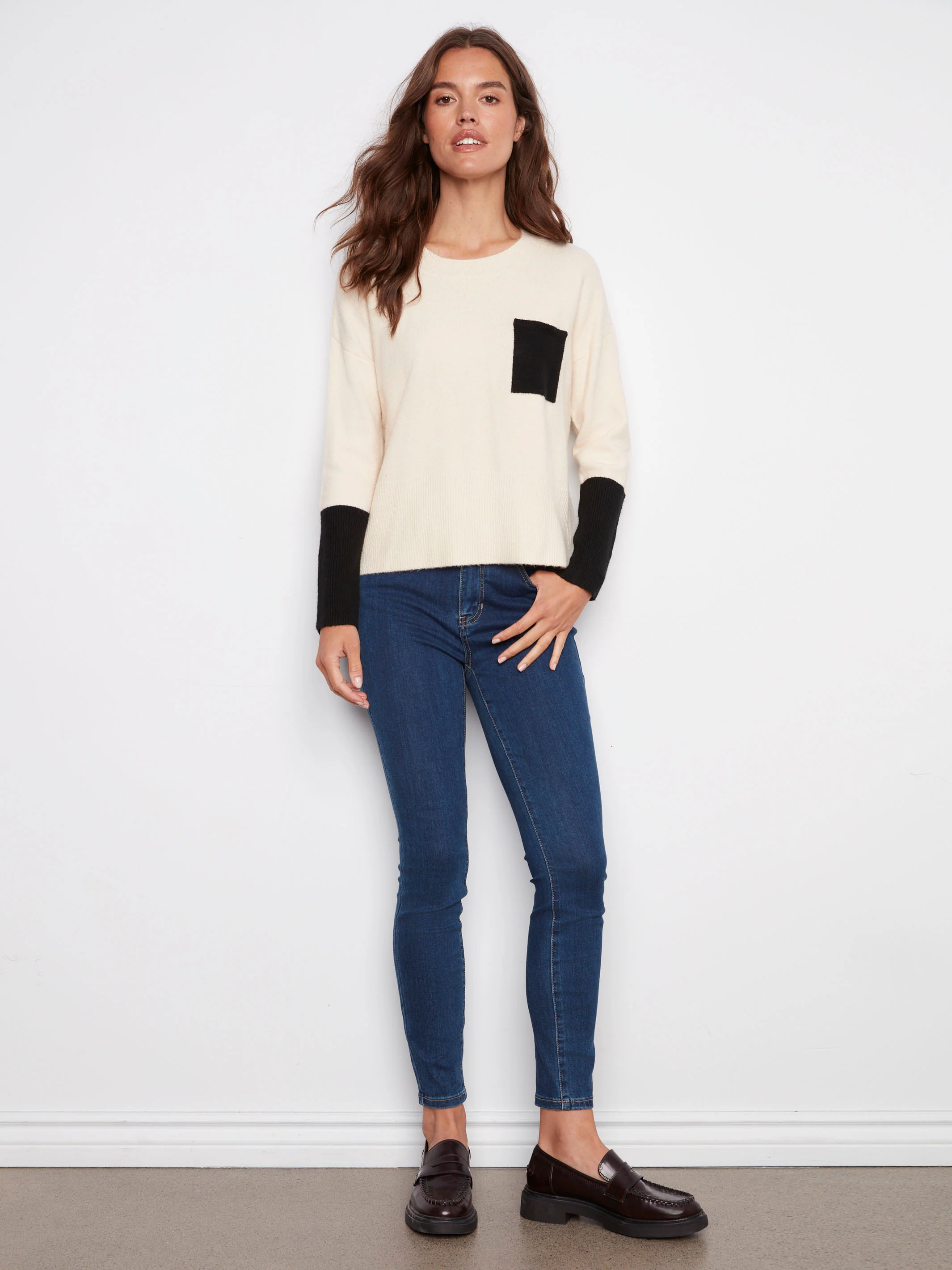 Crew Neck Sweater With Contrast Details - Ecru - WHSBYS