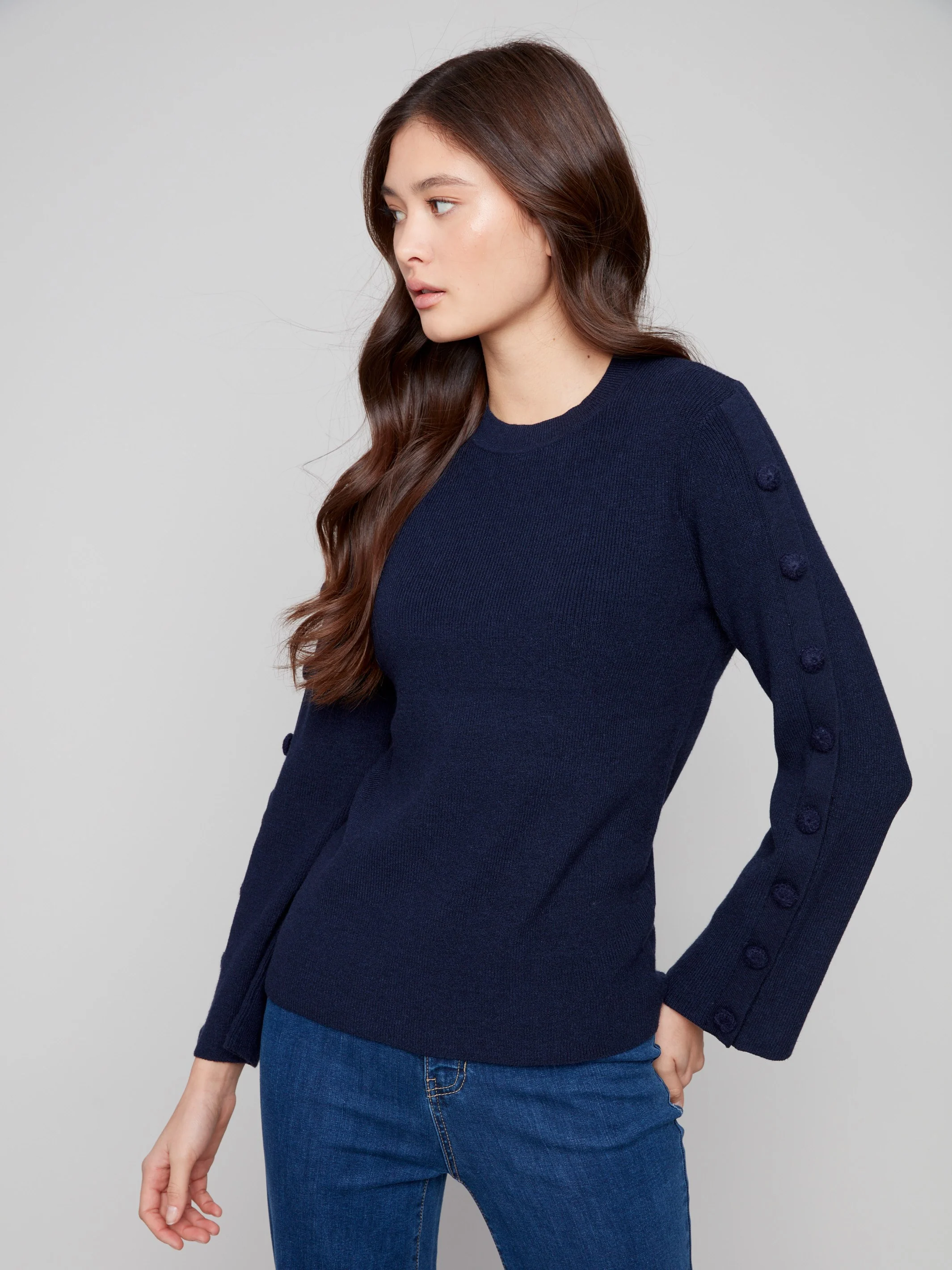 Ribbed Crew Neck Sweater With Buttons Details - Navy - WHSBYS