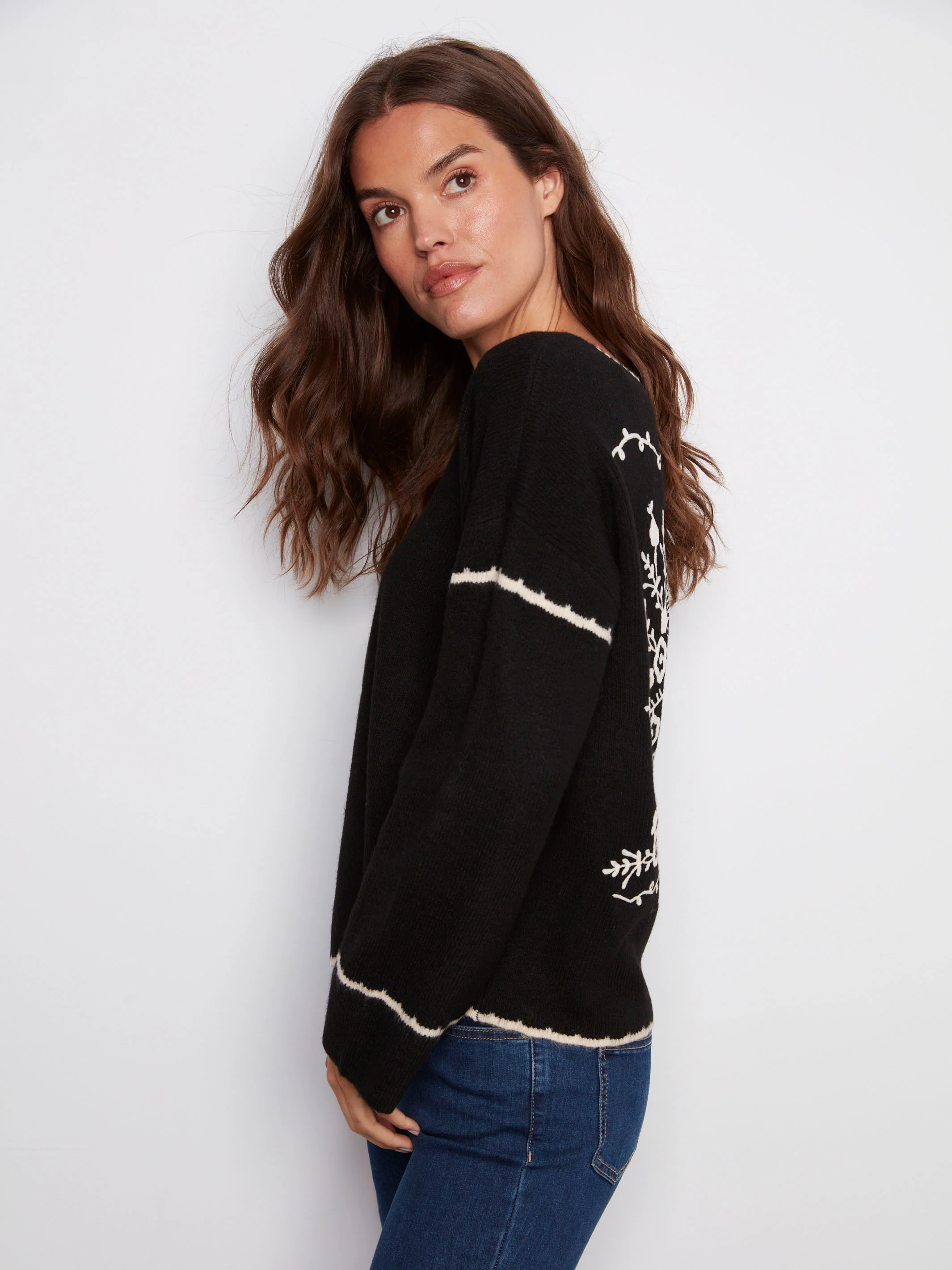 Embroidered Ribbed Sweater with Notch Neck - Black - WHSBYS