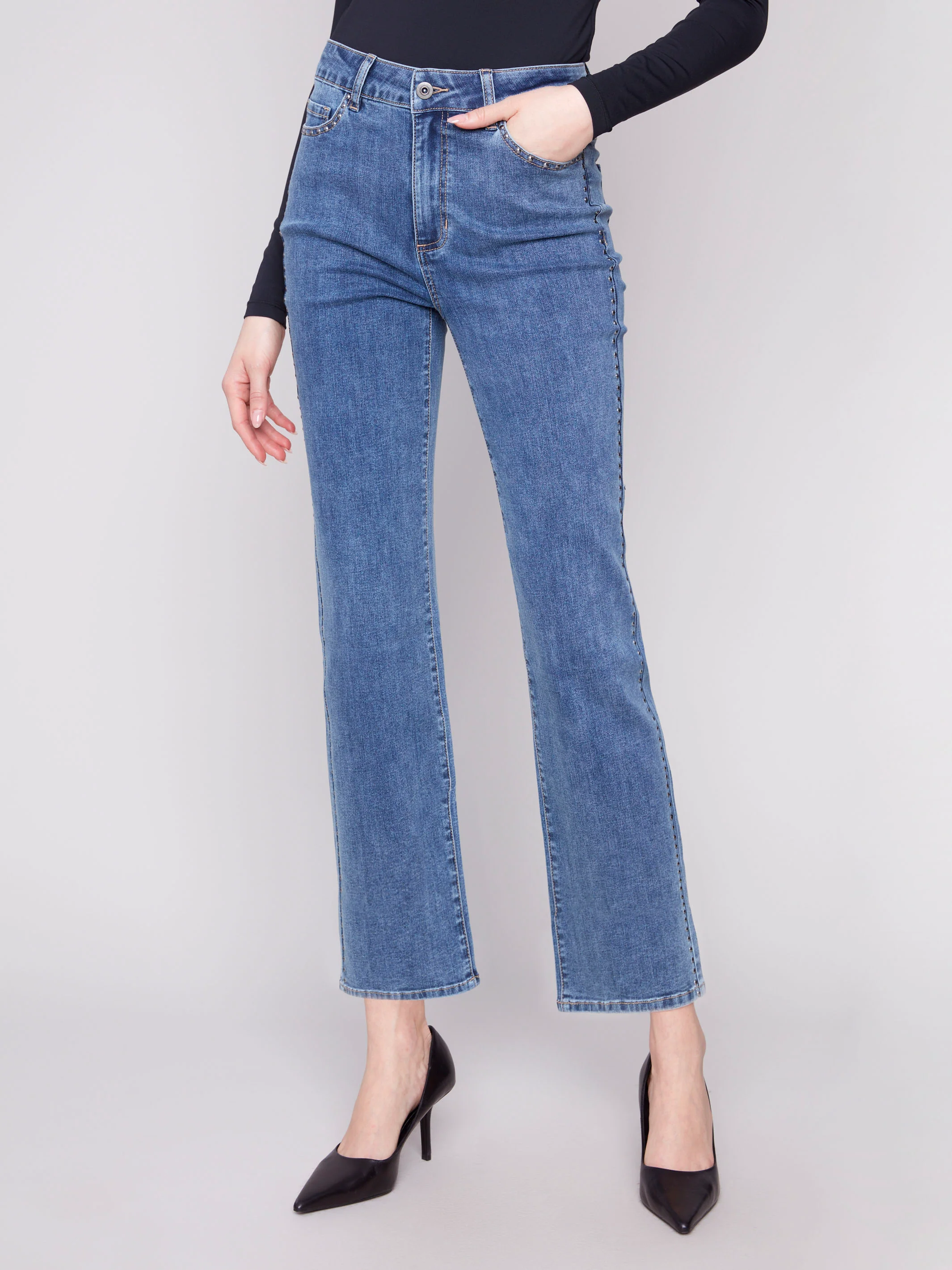 Straight Leg Jeans With Side Studs - Medium Blue - WHSBYS