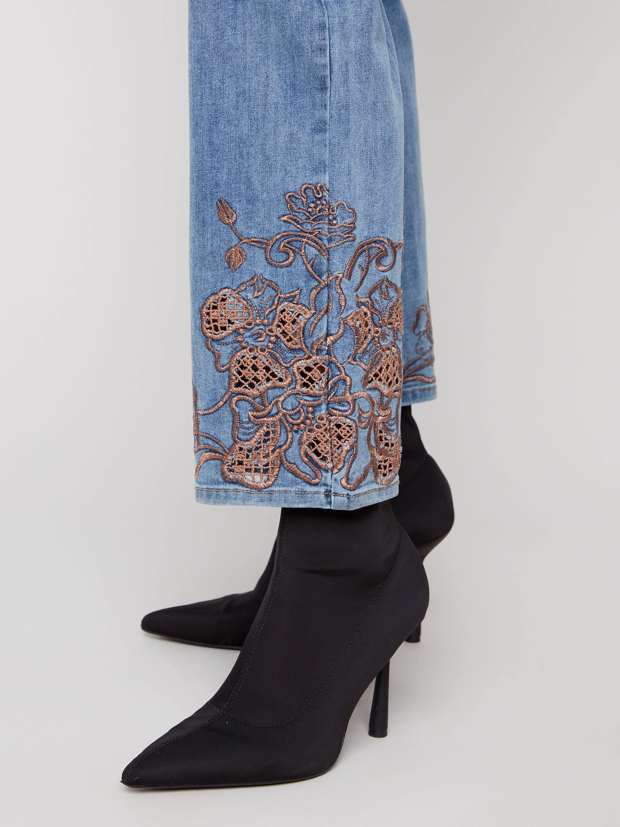 Straight Leg Jeans With Lace Embroidery - Medium Blue - WHSBYS
