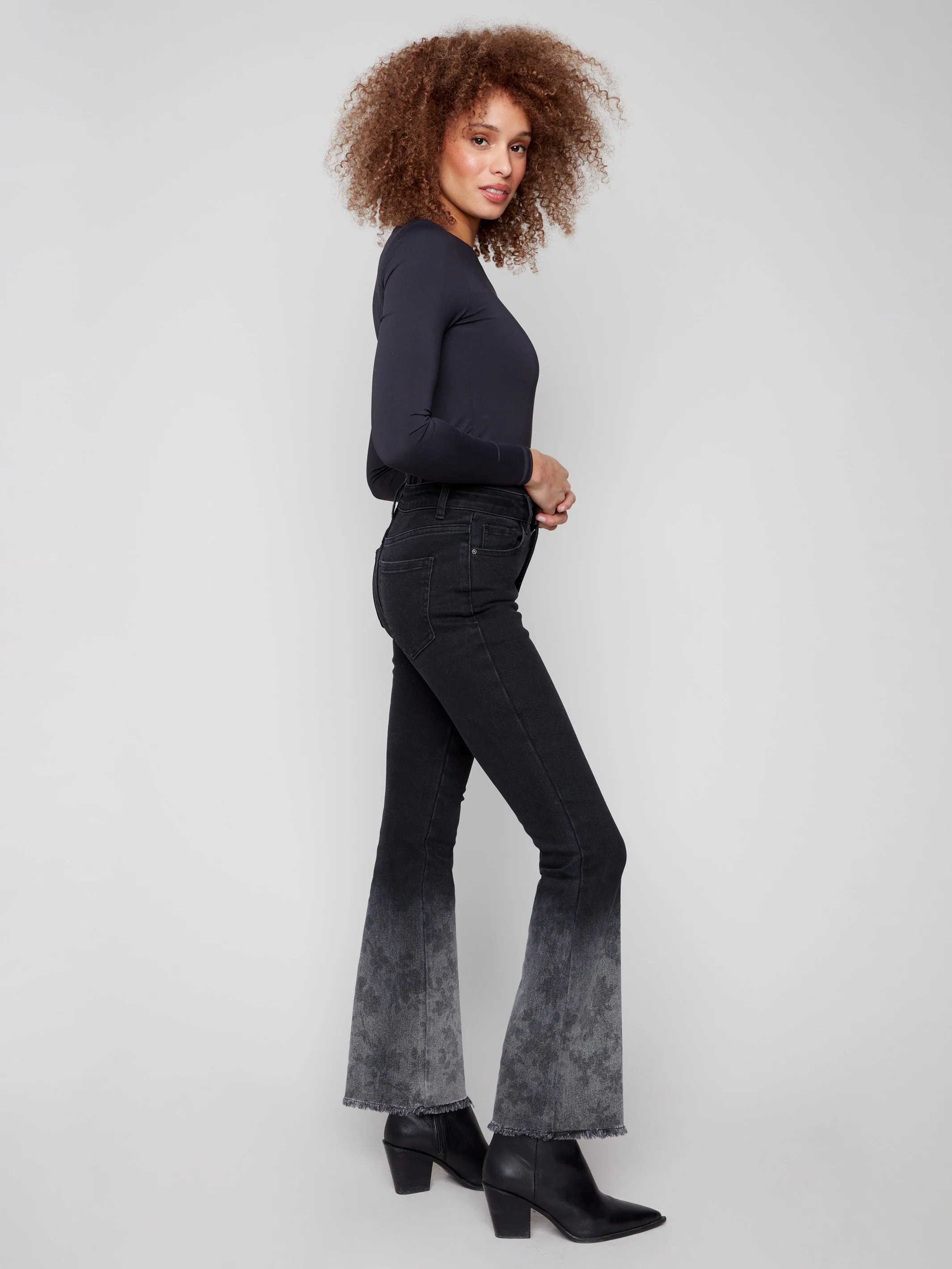 Flared Jeans With Floral Washed Hem - Charcoal - WHSBYS