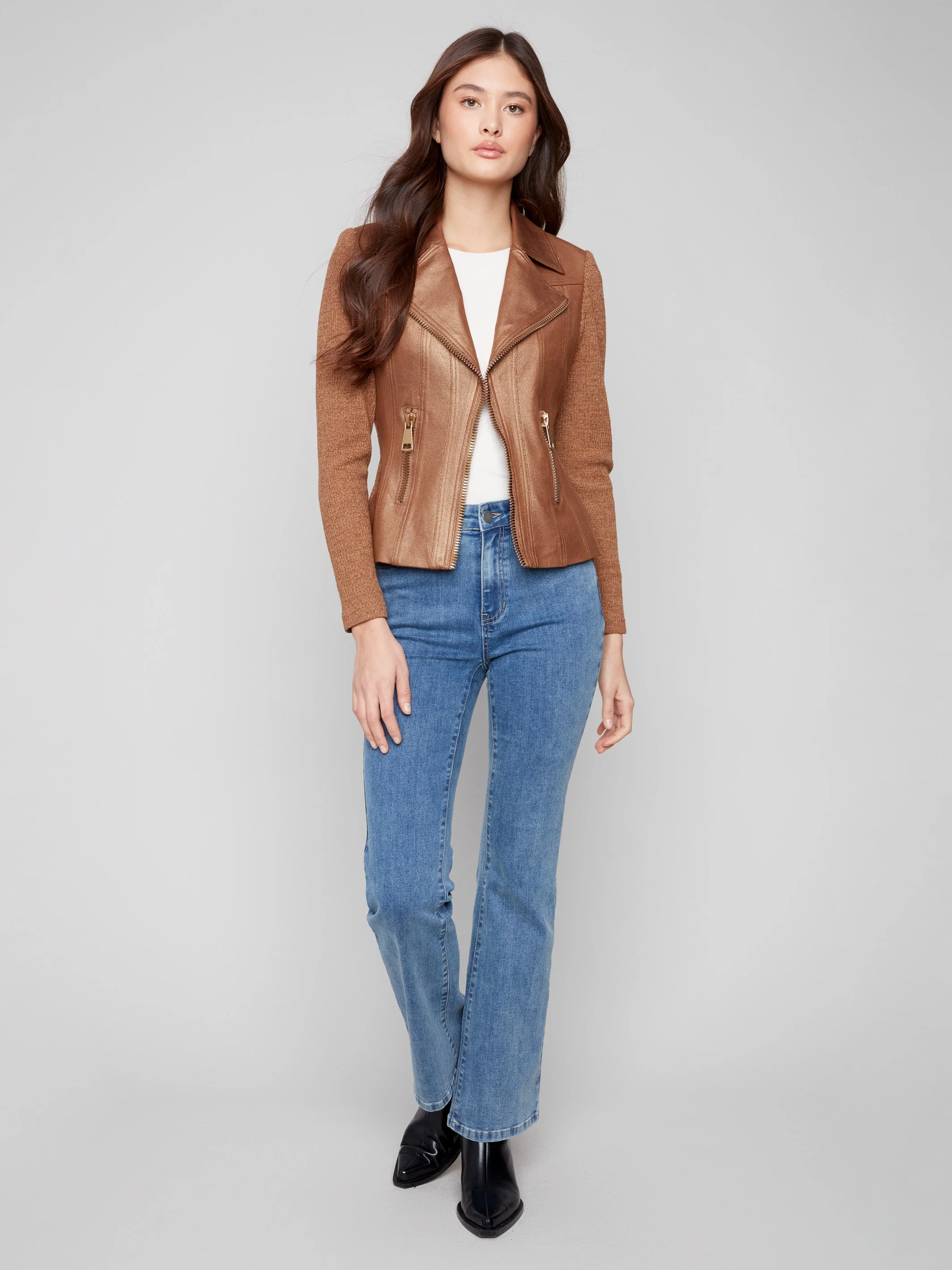 Vintage Metallic Faux Leather And Rib Knit Jacket - Copper - WHSBYS