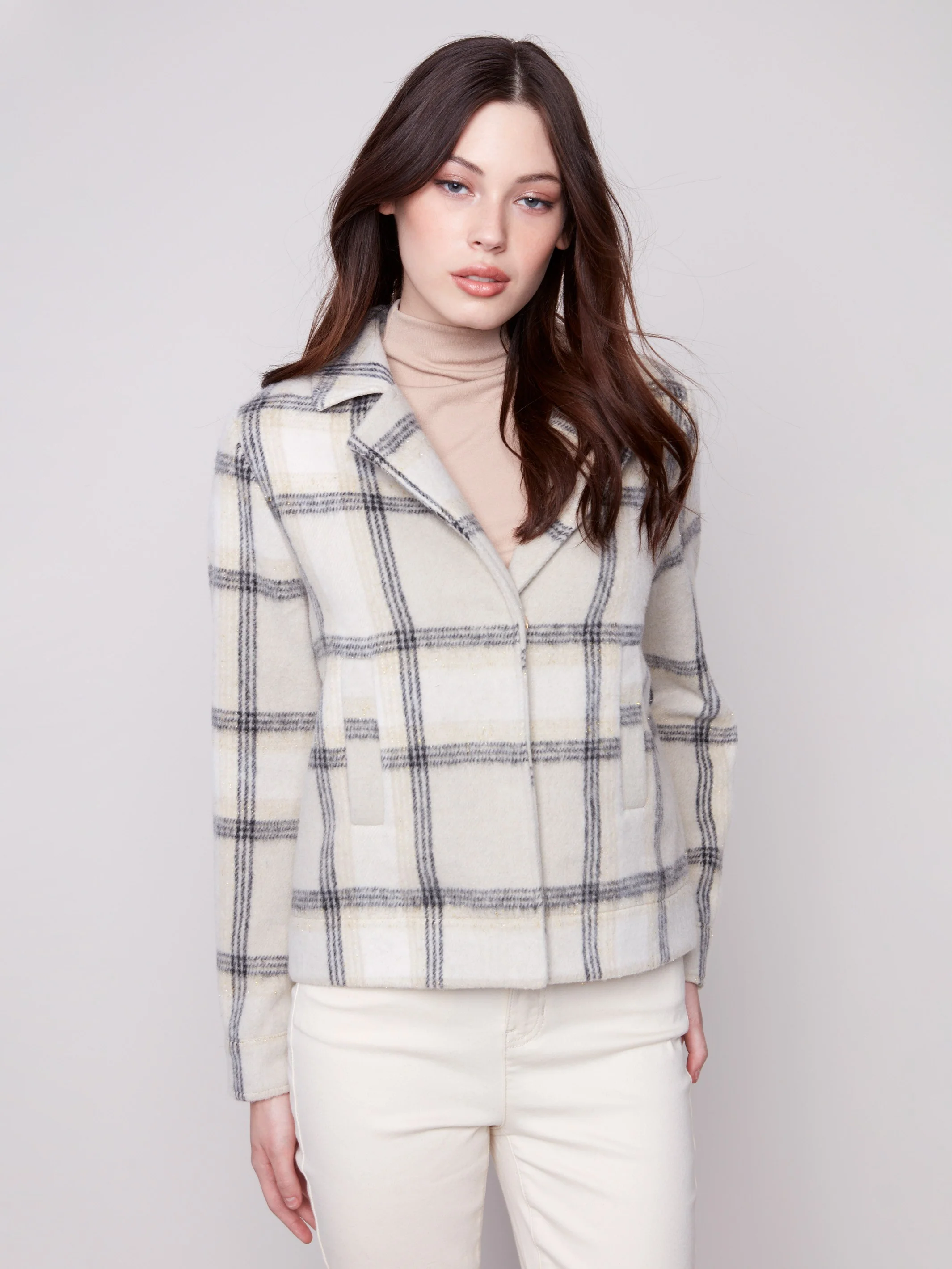 Plaid Lurex Knit Short Coat - Beige - WHSBYS