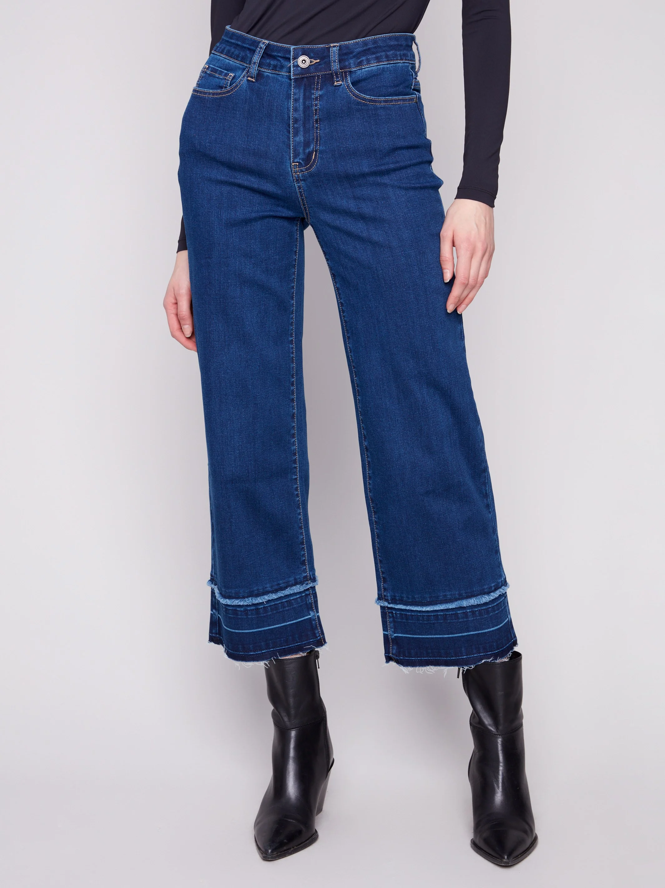 Flare Leg Jeans With Fringed Hem - Indigo - WHSBYS