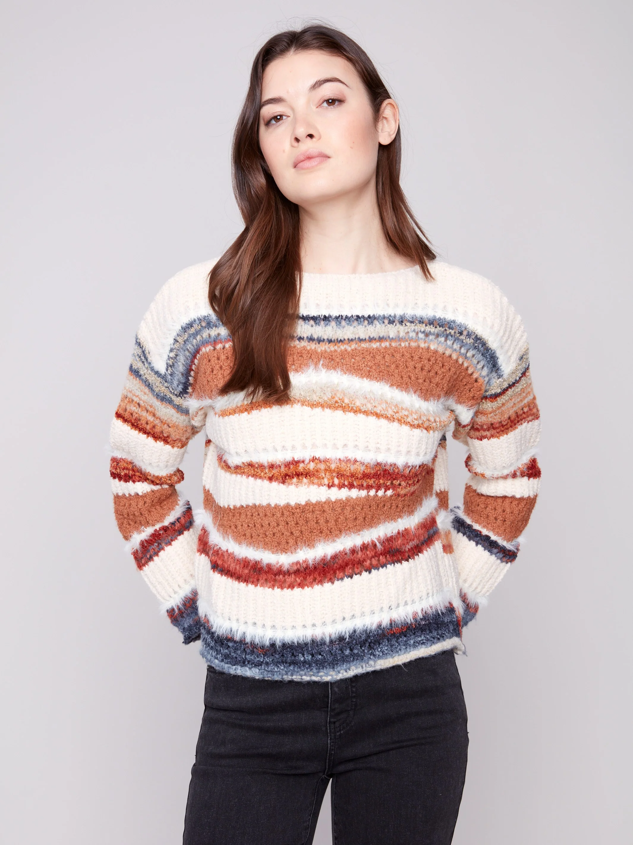 Patchwork Knit Drop Shoulder Sweater - Sepia - WHSBYS