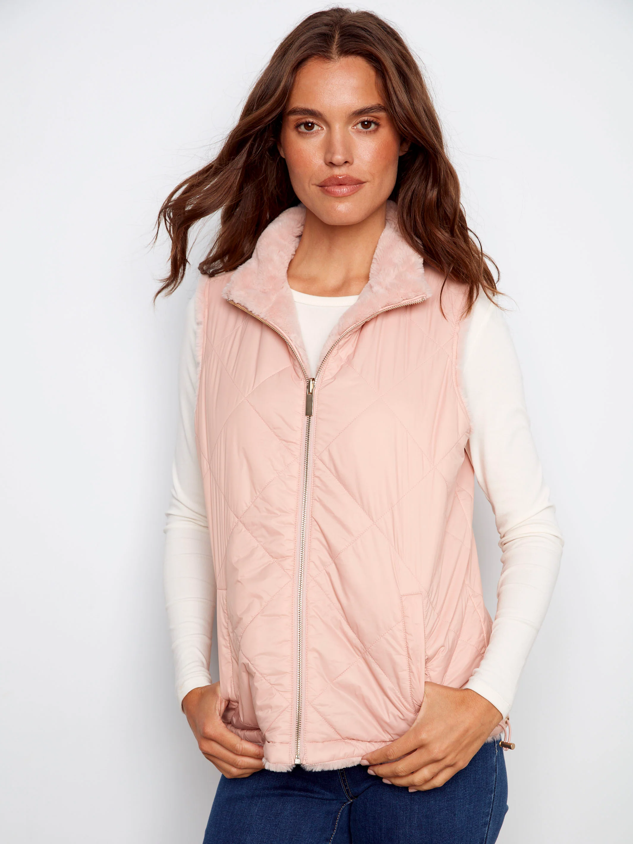 Reversible Quilted Faux Fur Vest - Ballet - WHSBYS