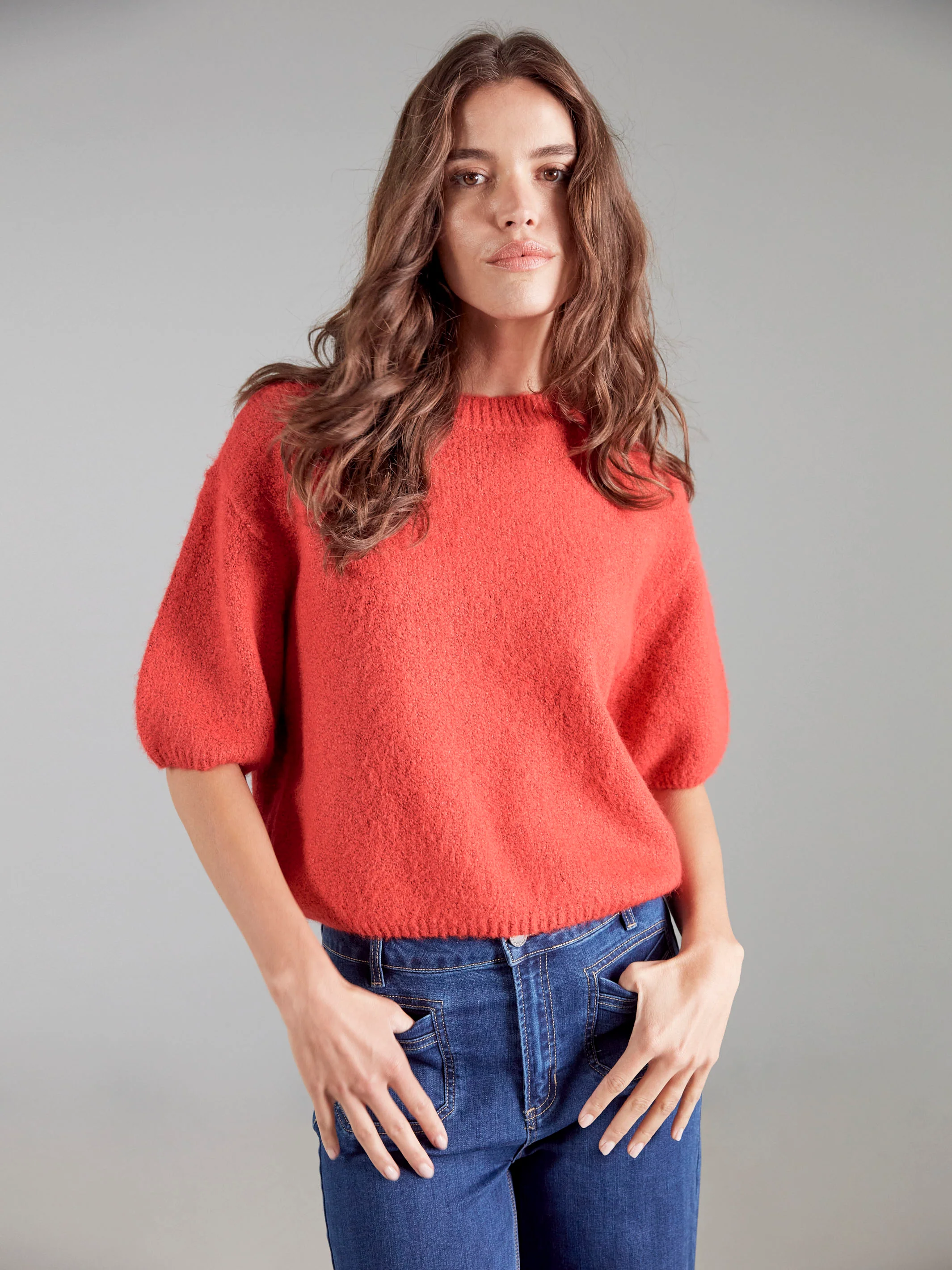 Balloon Elbow Sleeve Knit Sweater - Crimson - WHSBYS