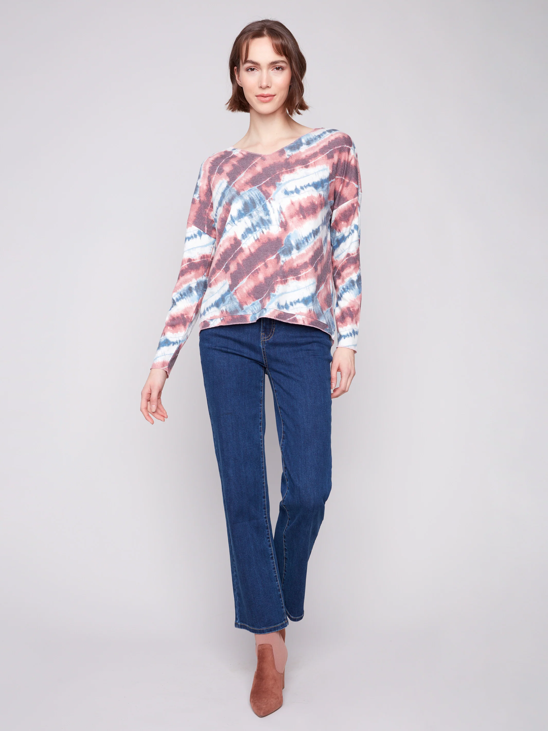 Printed V-neck Knit Top - Dreamy Pink - WHSBYS