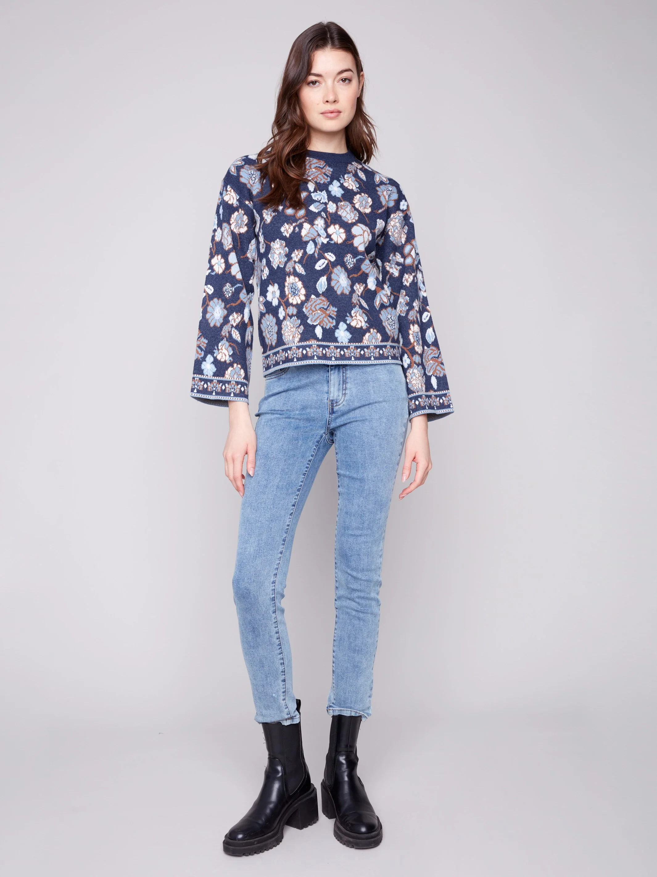 Crew Neck Jacquard Sweater - Floral - WHSBYS