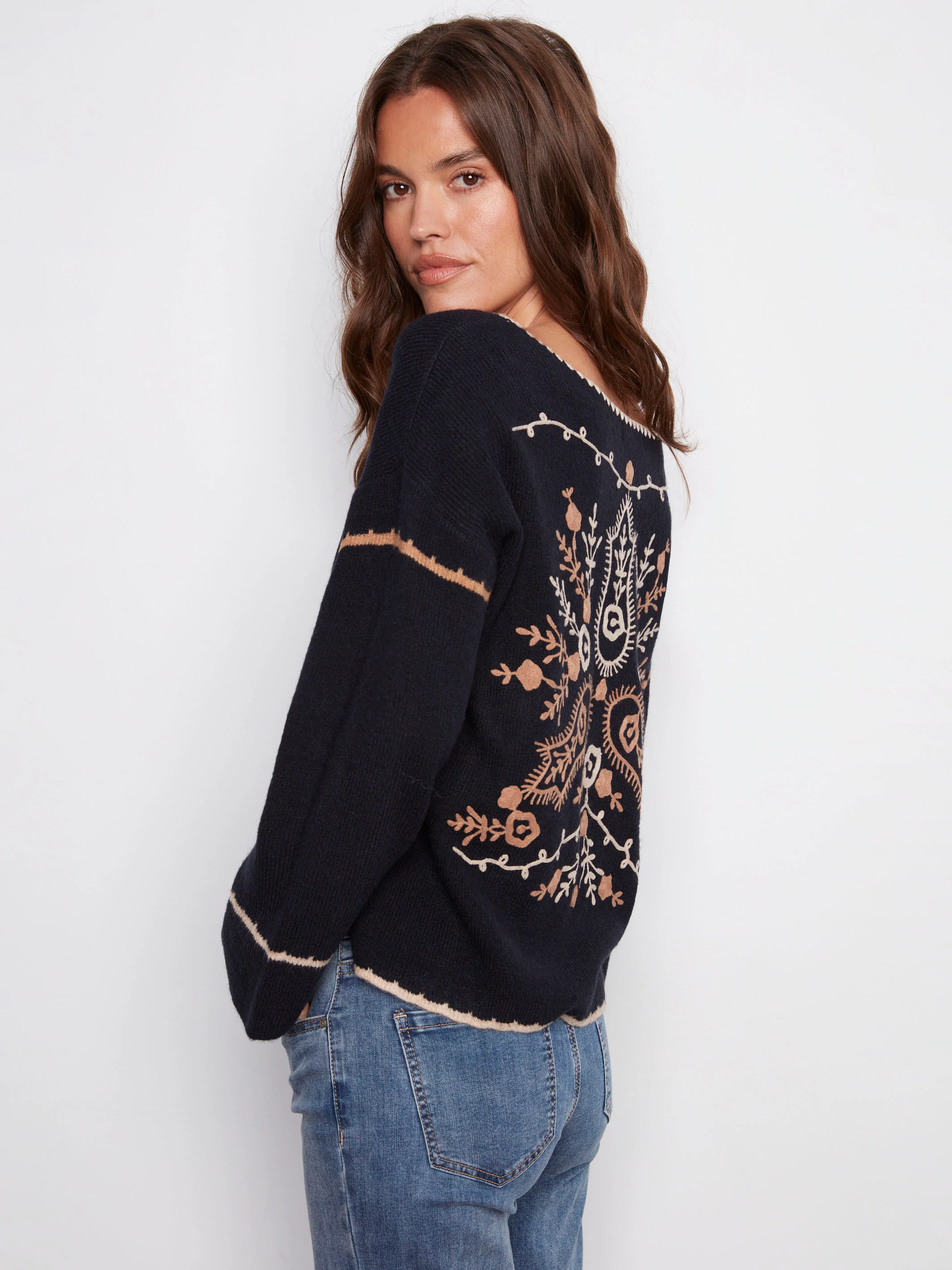 Embroidered Ribbed Sweater With Notch Neck - Navy - WHSBYS