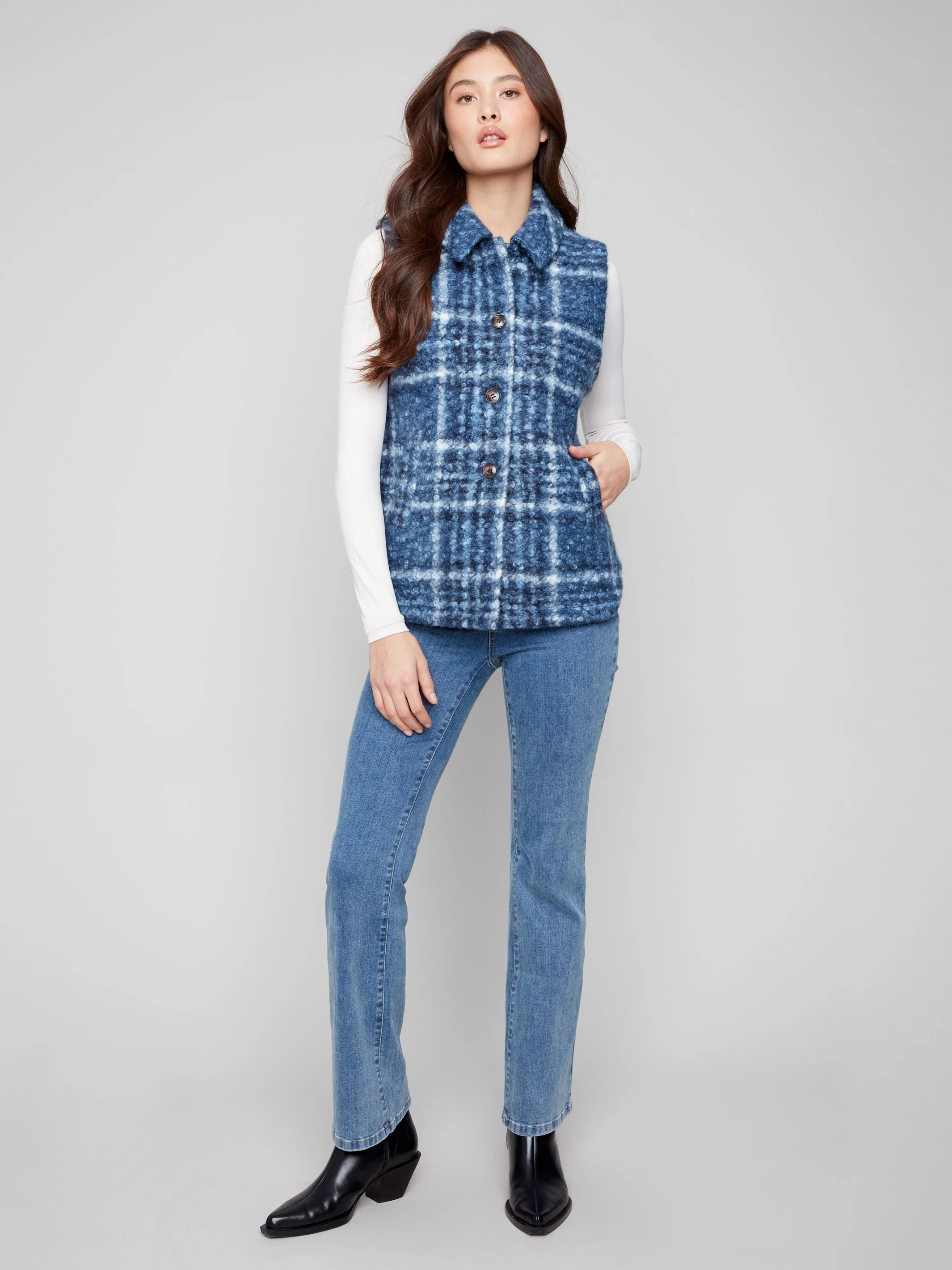 Plaid Bouclé Knit Vest - Moonlight - WHSBYS