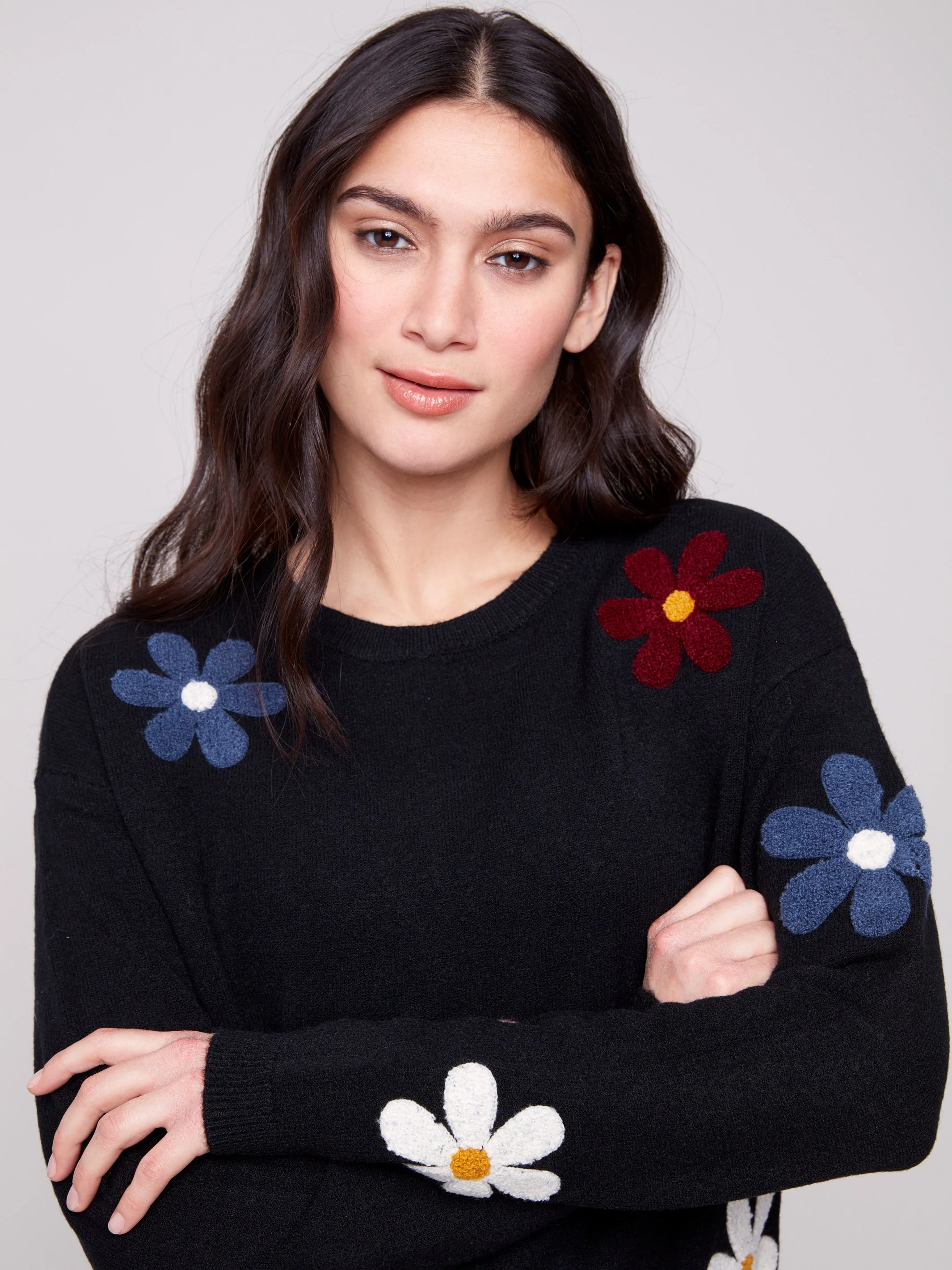 Plush Sweater with Boucle Flowers - Black - WHSBYS