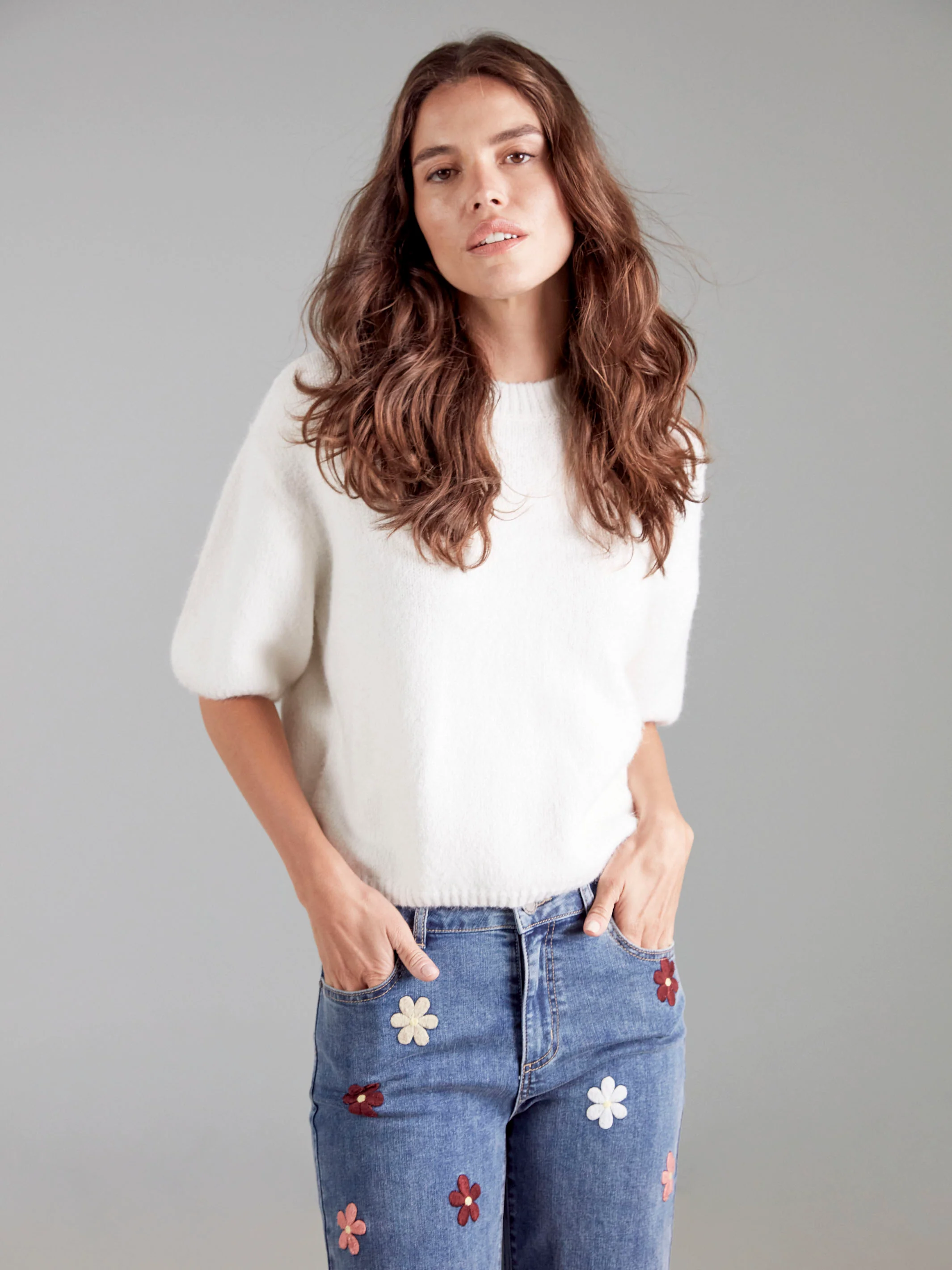 Balloon Elbow Sleeve Knit Sweater - Ecru - WHSBYS