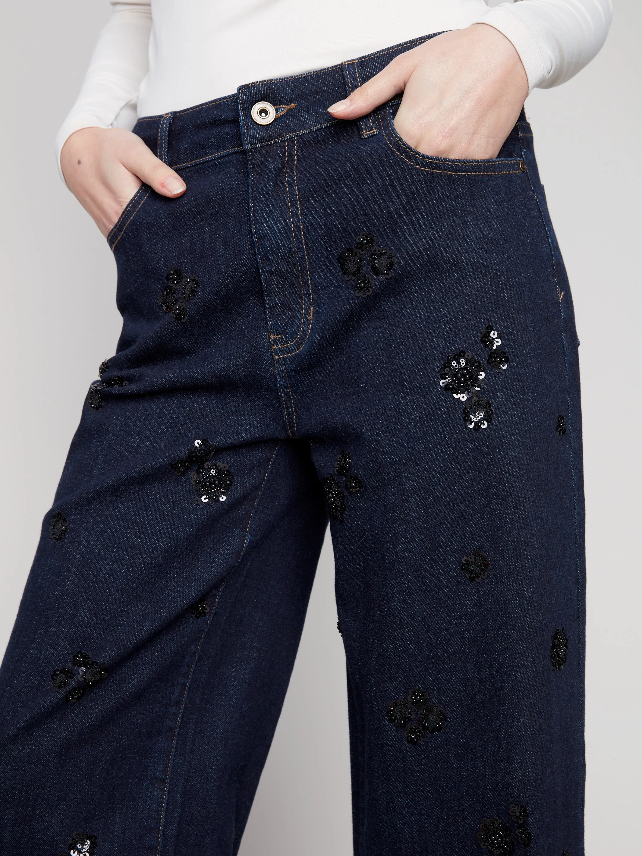 Wide Leg Sequin Embroidered Jeans - Deep Blue - WHSBYS