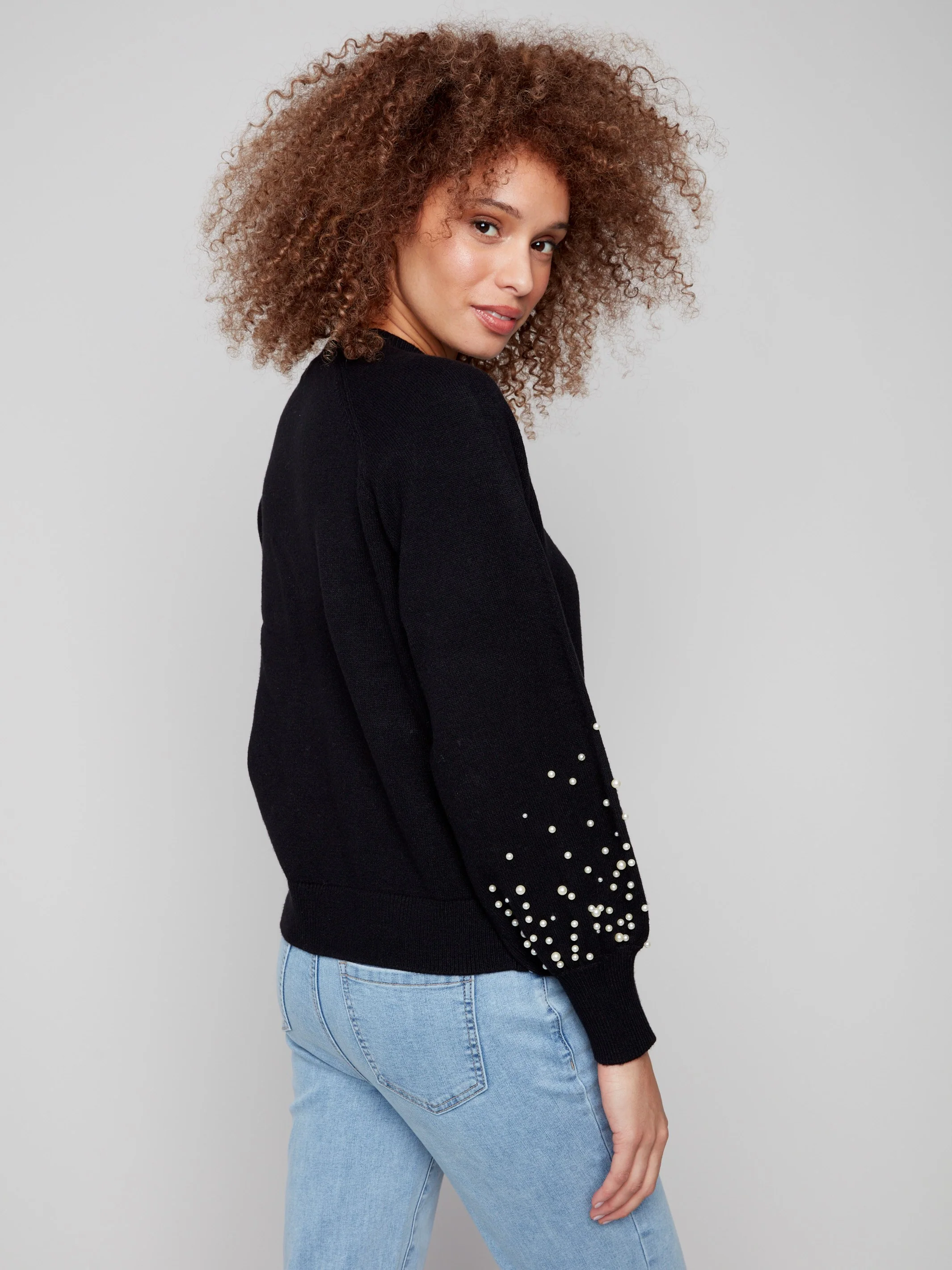 Crew Neck Sweater With Pearl Details - Black - WHSBYS