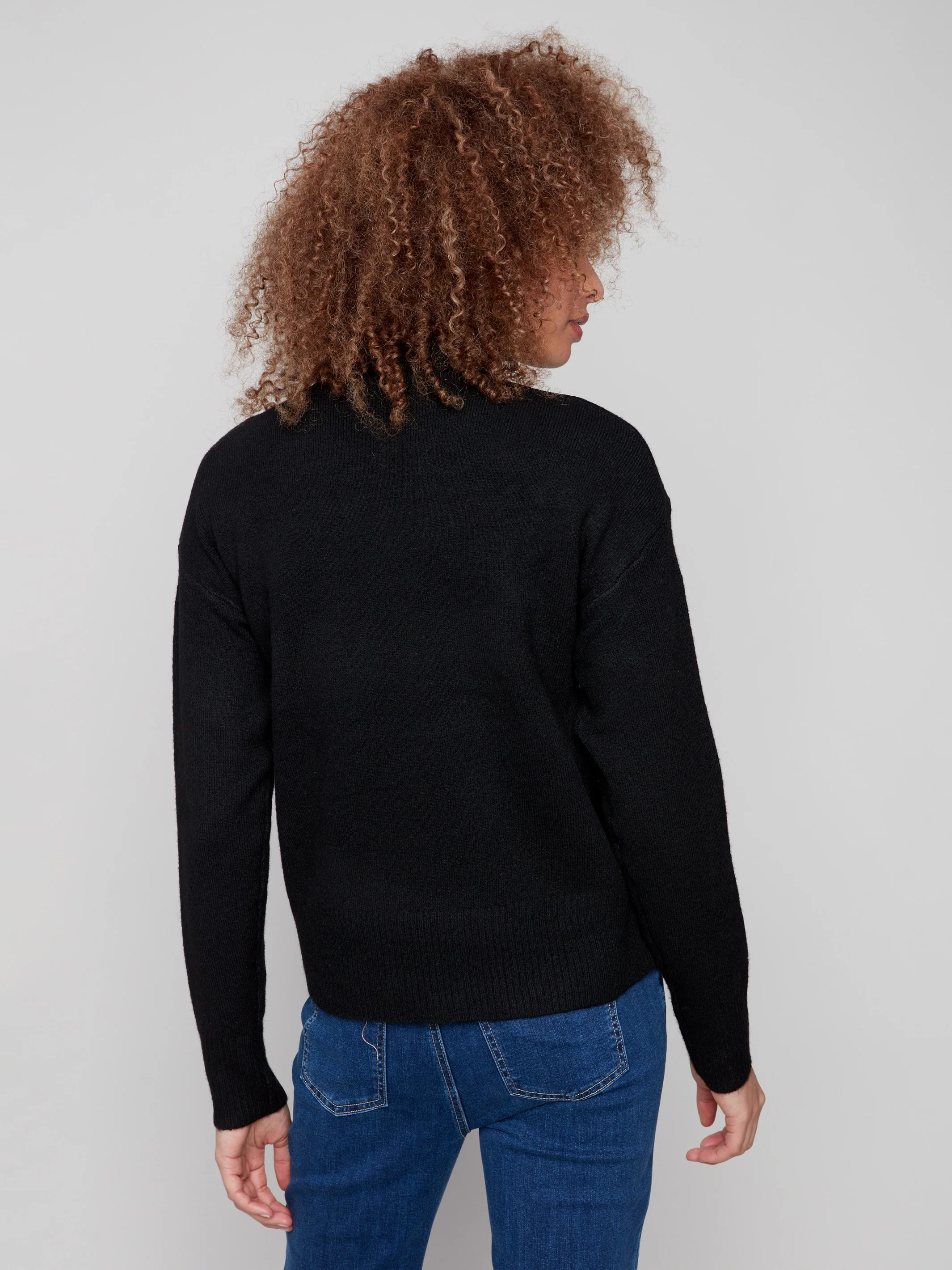 Heart Mock Neck Drop Shoulder Sweater - Black - WHSBYS