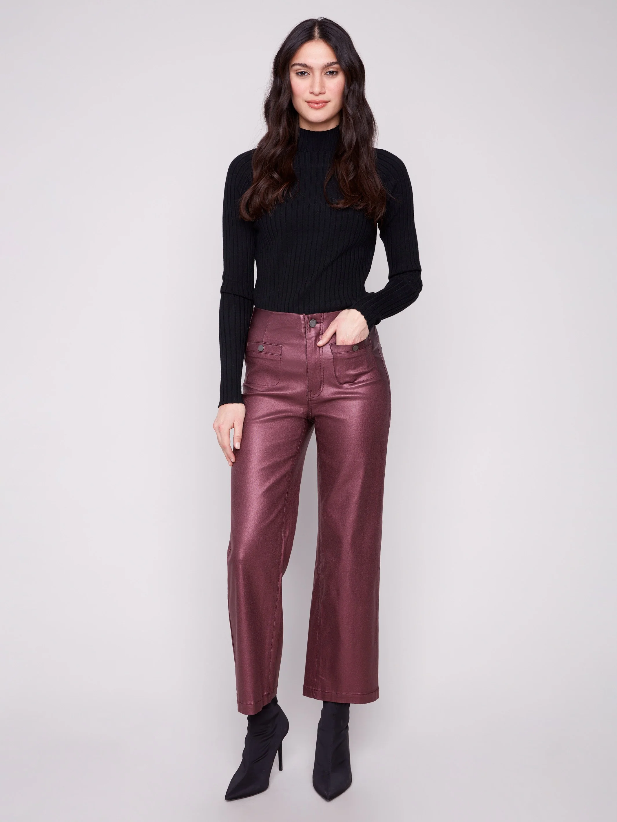 Metallic Wax Flared Pants - Cabernet - WHSBYS