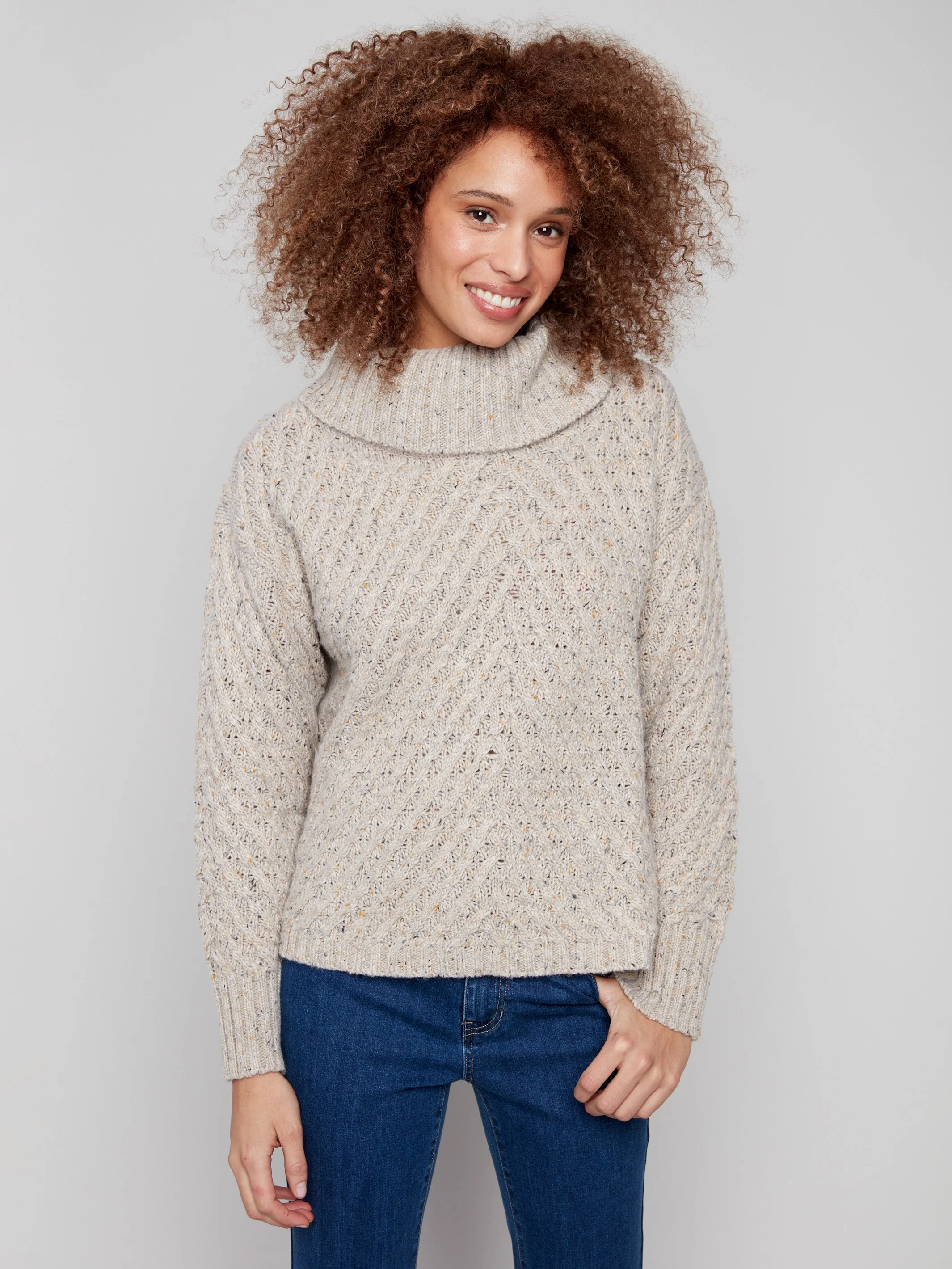 Cowl Neck Diagonal Cable Sweater - Heather Oat - WHSBYS