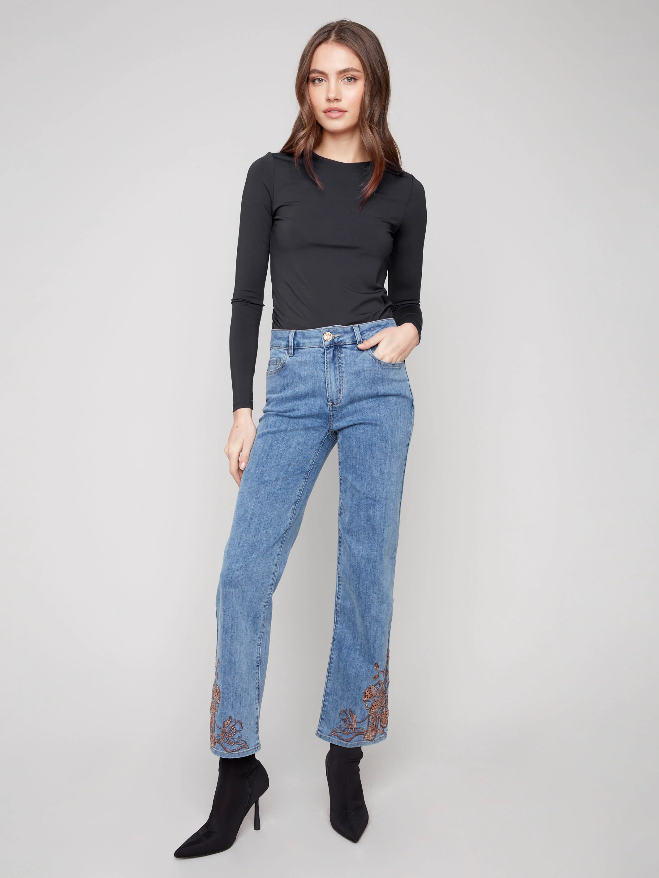 Straight Leg Jeans With Lace Embroidery - Medium Blue - WHSBYS