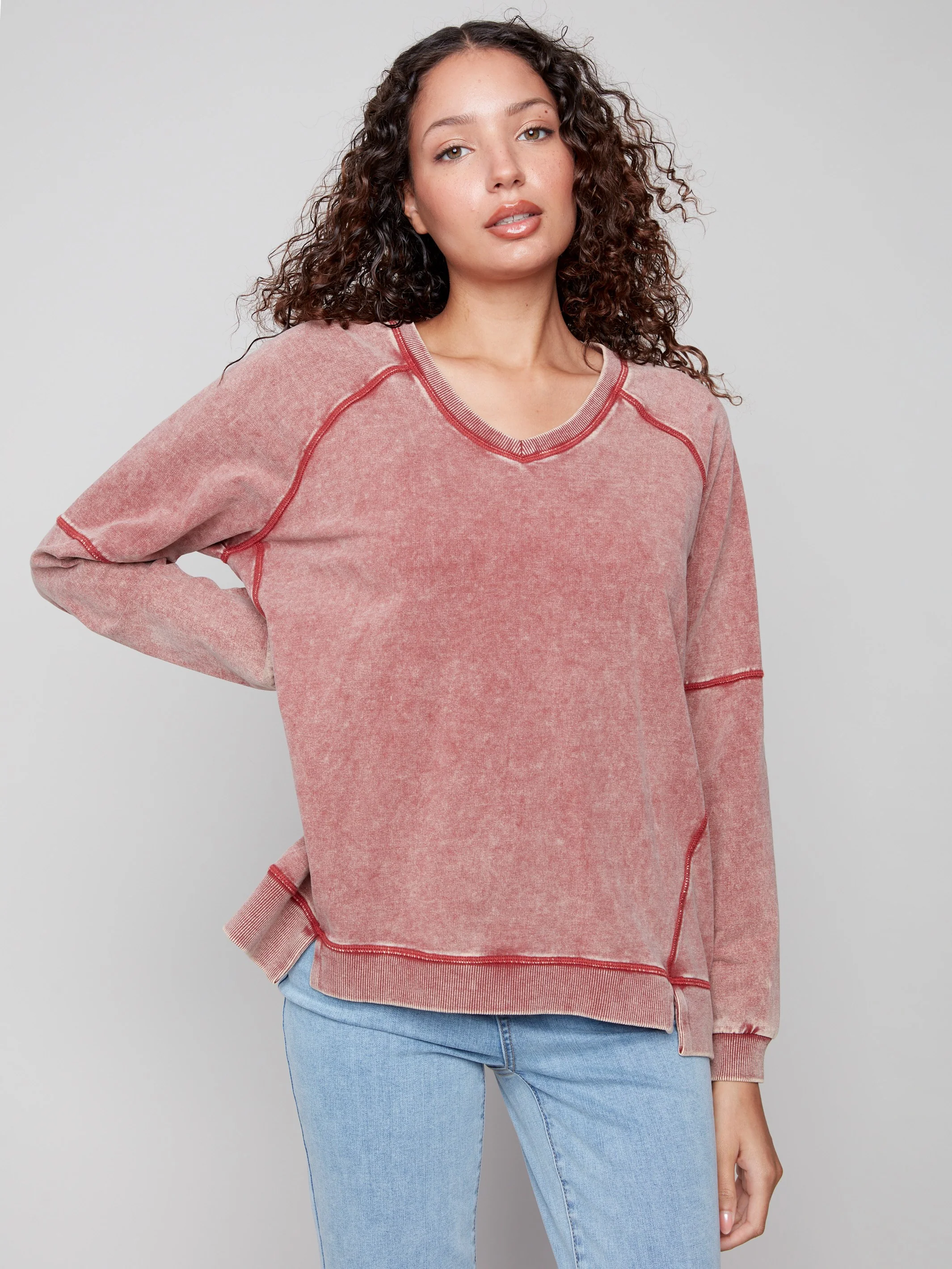 Cold Dye French Terry V-Neck Top - Cabernet - WHSBYS