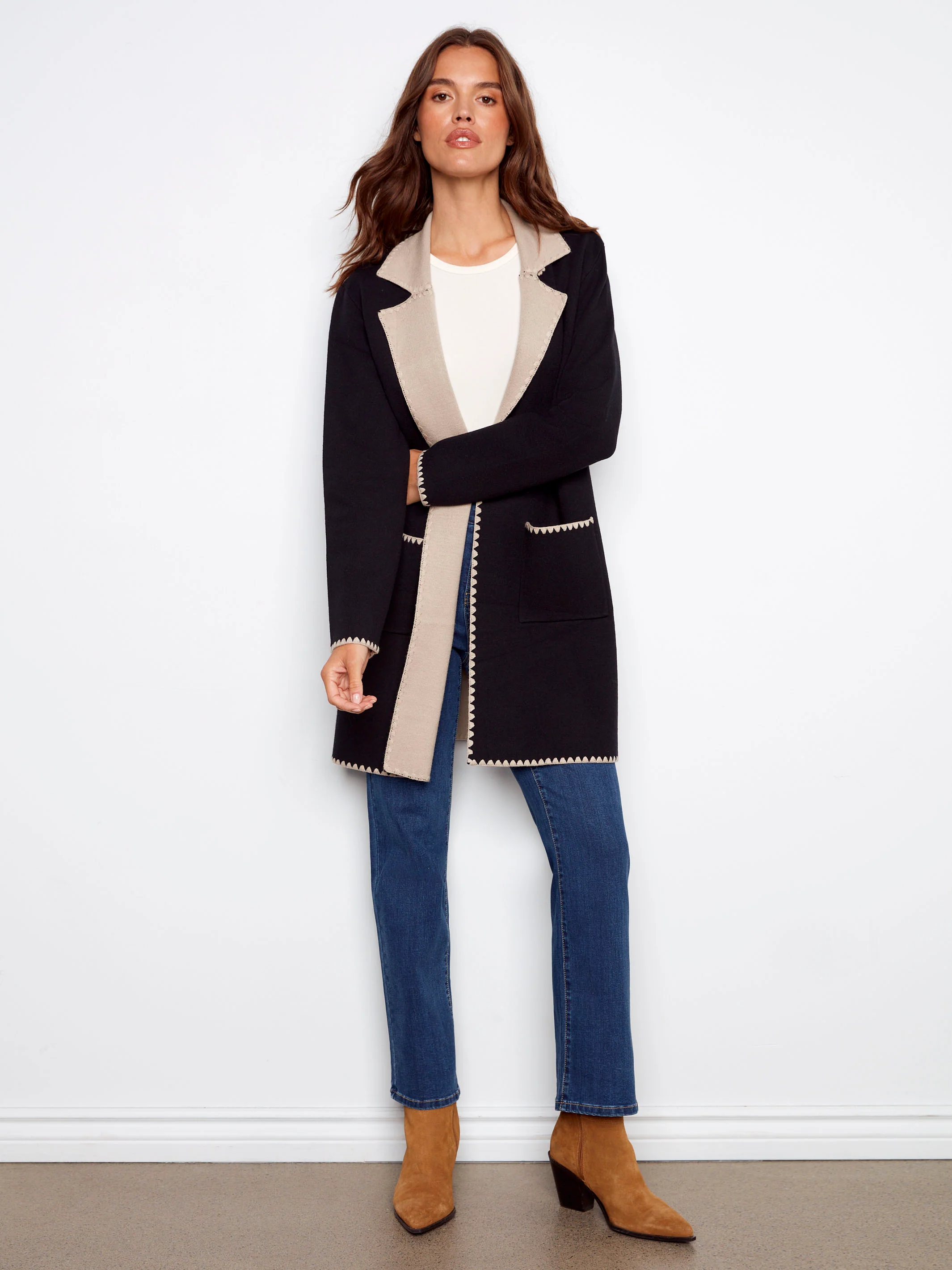 Blanket Stitch Long Cardigan - Black - WHSBYS