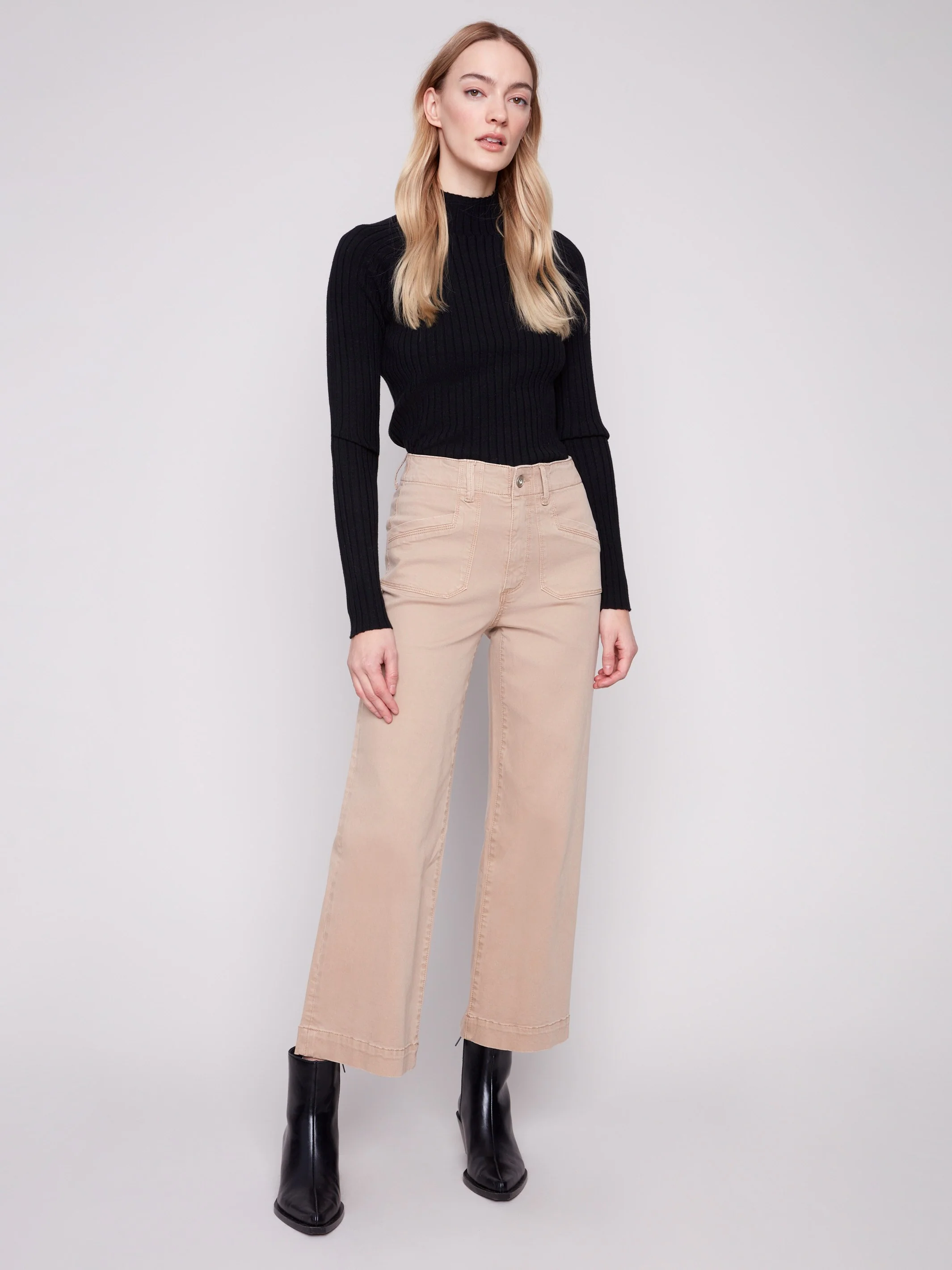 Cropped Wide Leg Stretch Twill Pants - Sesame - WHSBYS