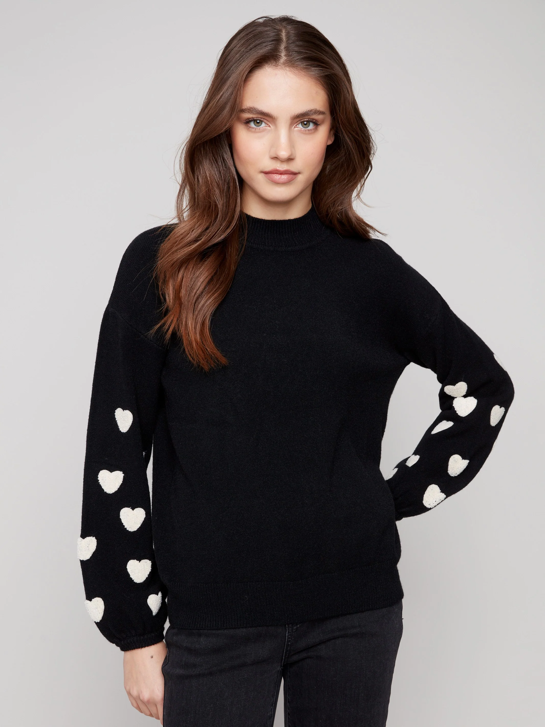 Mock Neck Sweater With Embroidered Hearts - Black - WHSBYS