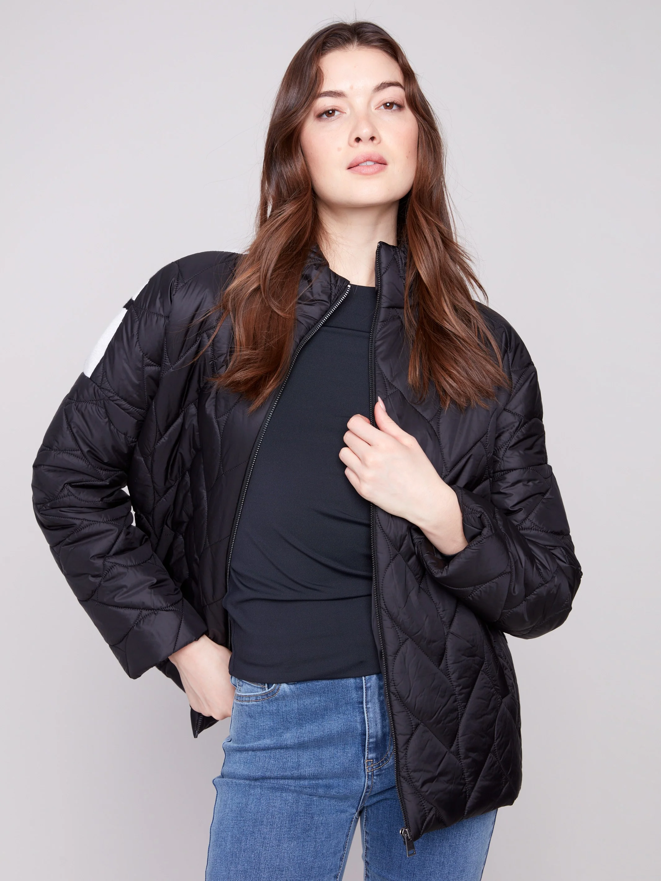 Jacquard Quilted Puffer Jacket - Black/Cream - WHSBYS