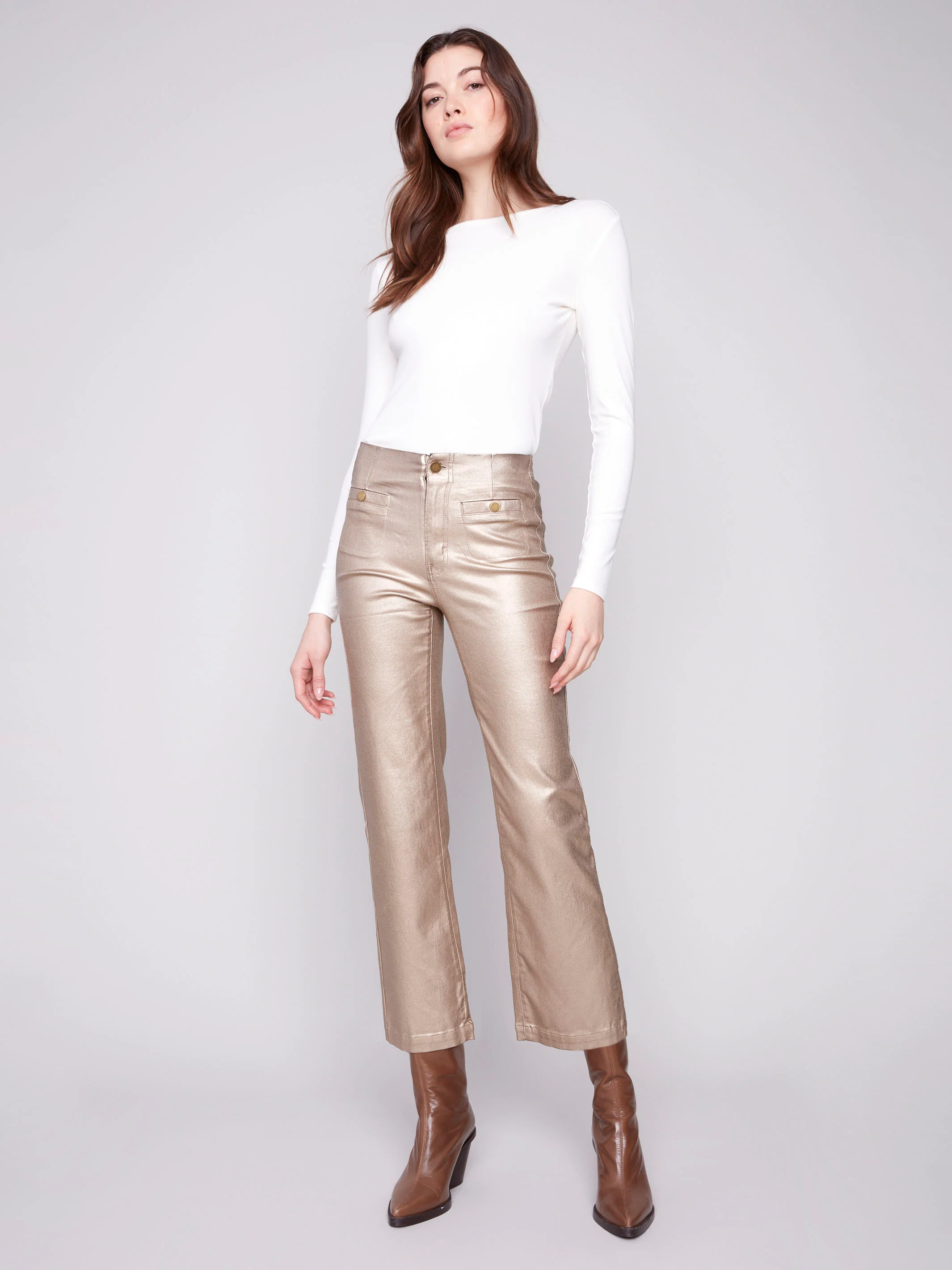 Metallic Wax Flared Pants - Brass - WHSBYS