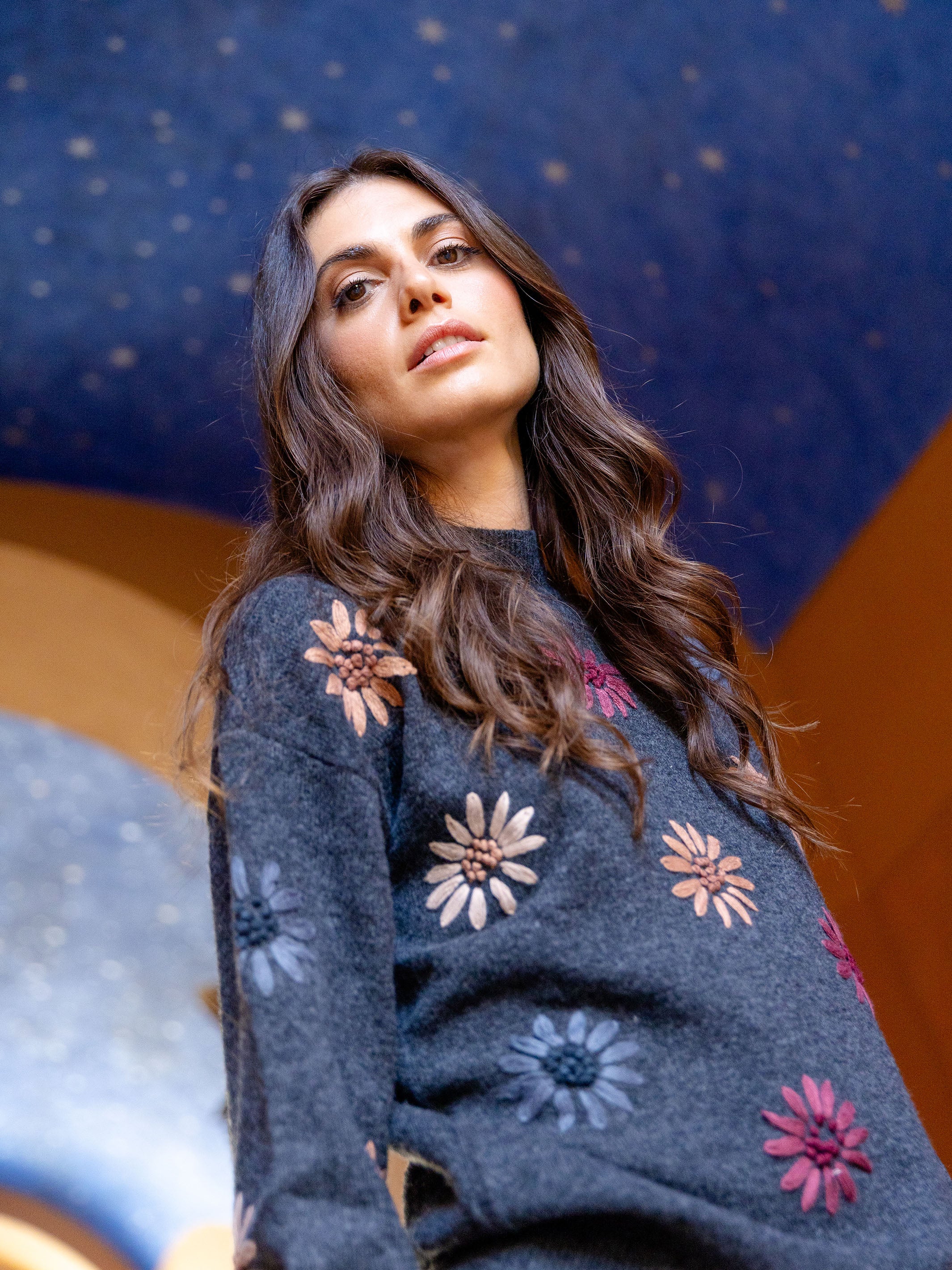 Mock Neck Sweater With Floral Embroidery - Heather Charcoal - WHSBYS